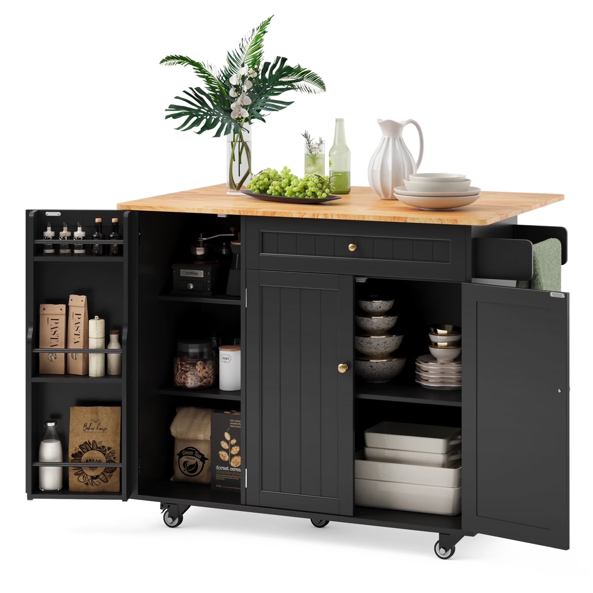 Noelse Kitchen Island with Storage, Island Table for Kitchen with Drop Leaf, Spice Rack, Towel Bar for Small Kitchens, White