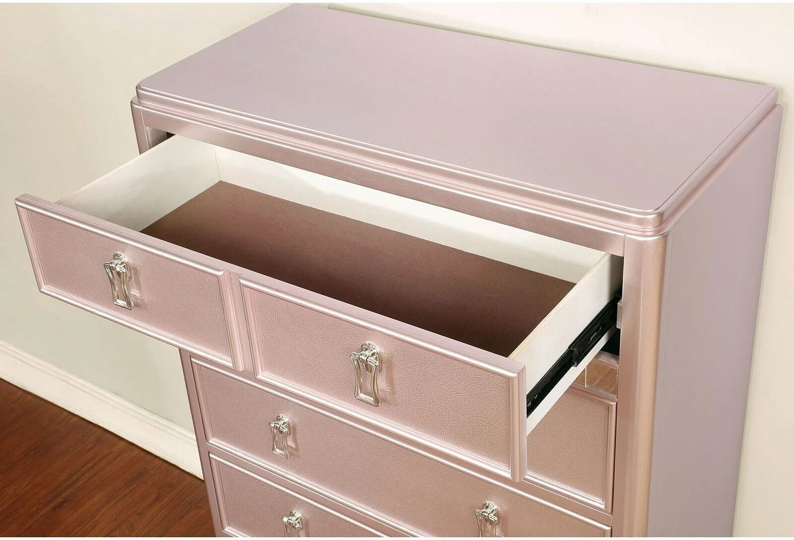 Contemporary Rosé Gold Twin Size Bed 6pc Set Dresser Mirror Nightstand Chest Padded HB Tufted Bedroom Furniture Solid Wood