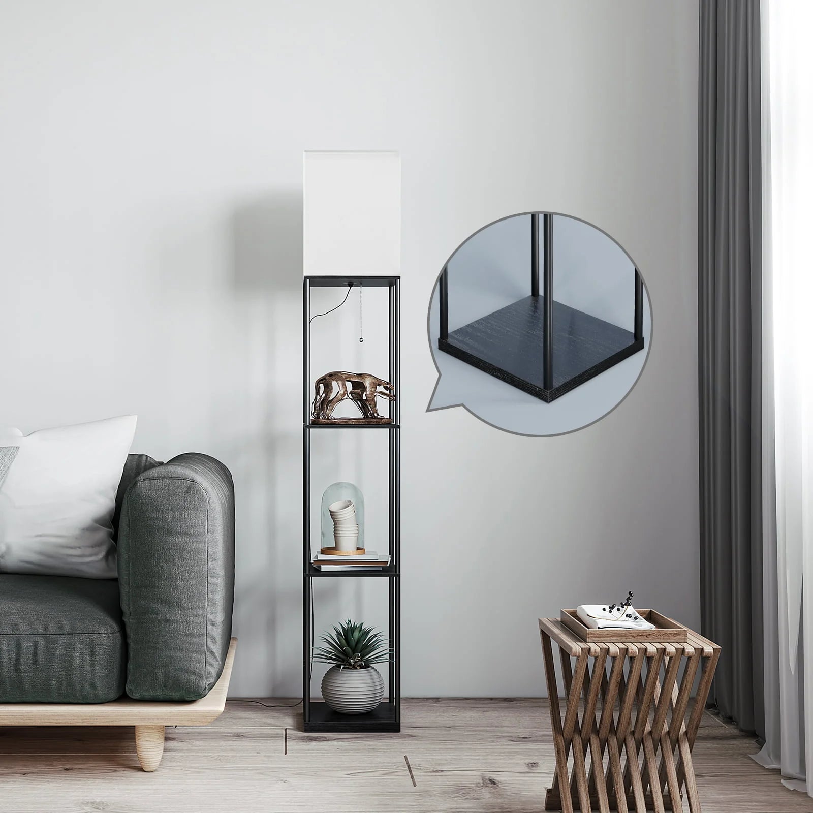 Modern Iron Shelf Floor Lamp with 3 - Way Dimmable LED Bulb, Shelves and White Shade for Living Room and Bedroom(Black)