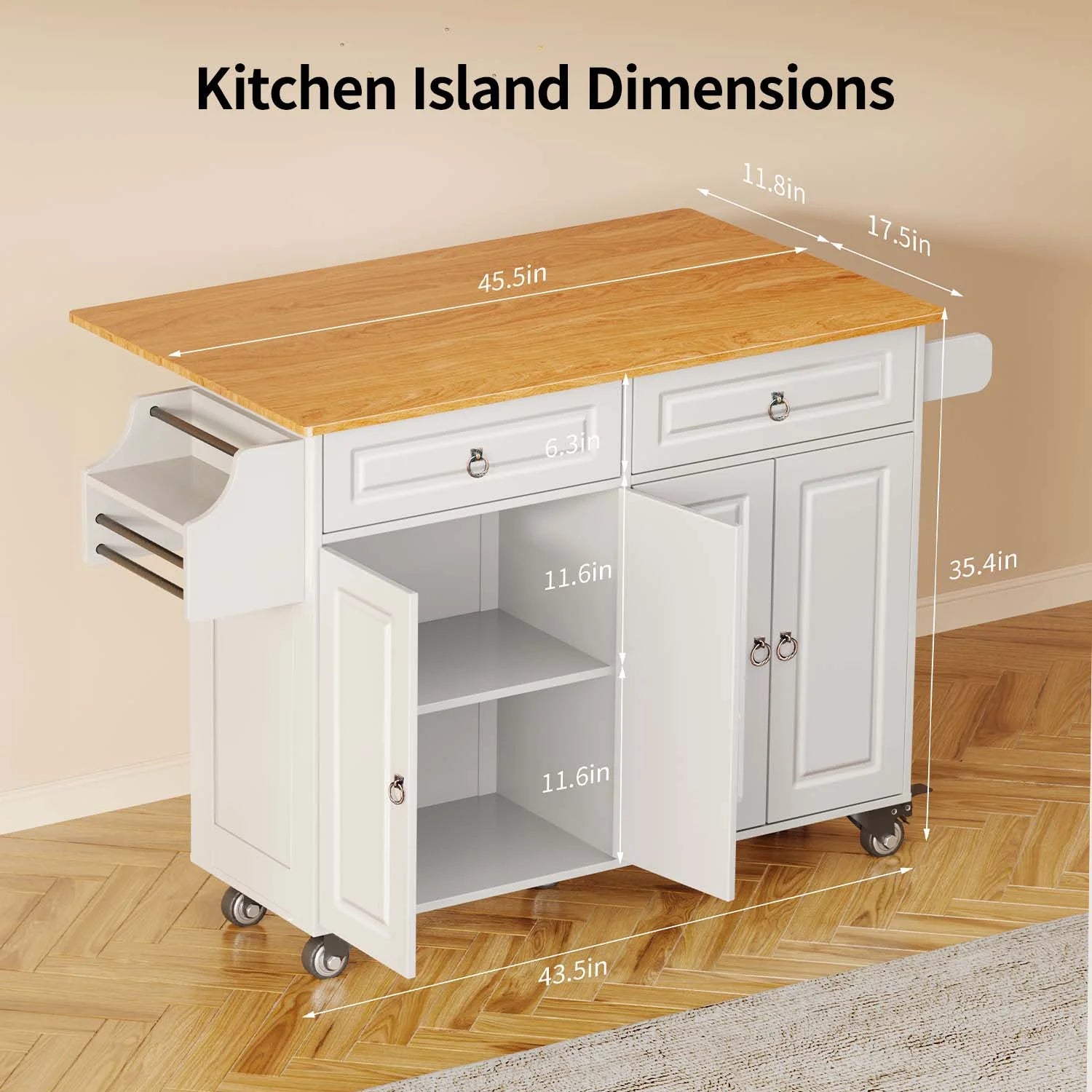 Lofka 52 - Inch Kitchen Island with Storage on Wheels with Wood Drop Leaf, Ideal for Small Kitchens