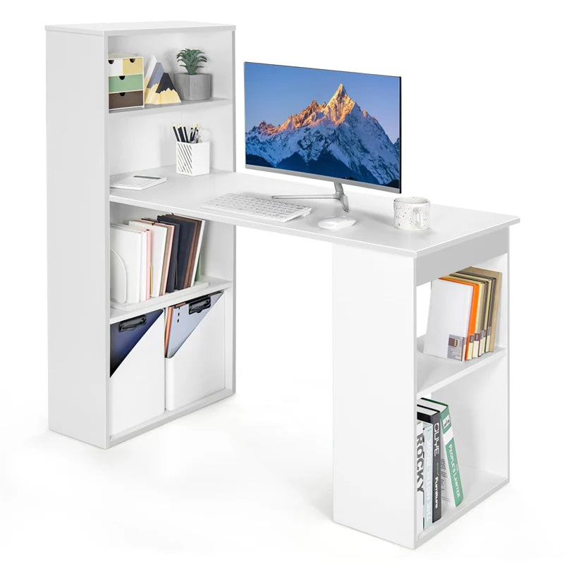 48" Computer Desk with 6-Tier Storage Shelves, 3-in-1 Reversible Writing Desk w/ Bookshelf & CPU Stand, Space-Saving Home Office Workstation