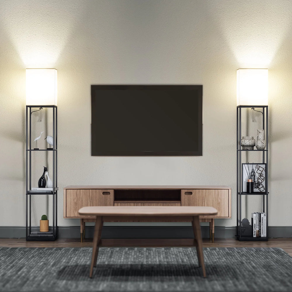 Modern Iron Shelf Floor Lamp with 3 - Way Dimmable LED Bulb, Shelves and White Shade for Living Room and Bedroom(Black)