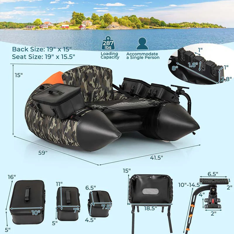 Inflatable Fishing Float Tube, 350LBS Portable Belly Boat with Rod Rack Basket, Fish Finder Holder, Fish Ruler, 3 Storage Boxes & Pump