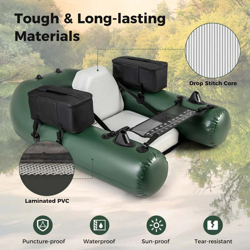 Inflatable Fishing Float Tube with 2 Large Storage Pockets, Angling Base, 20" Fish Ruler & 4 Motor Buckles, 352LBS Capacity Belly Boat for Fly Fishing