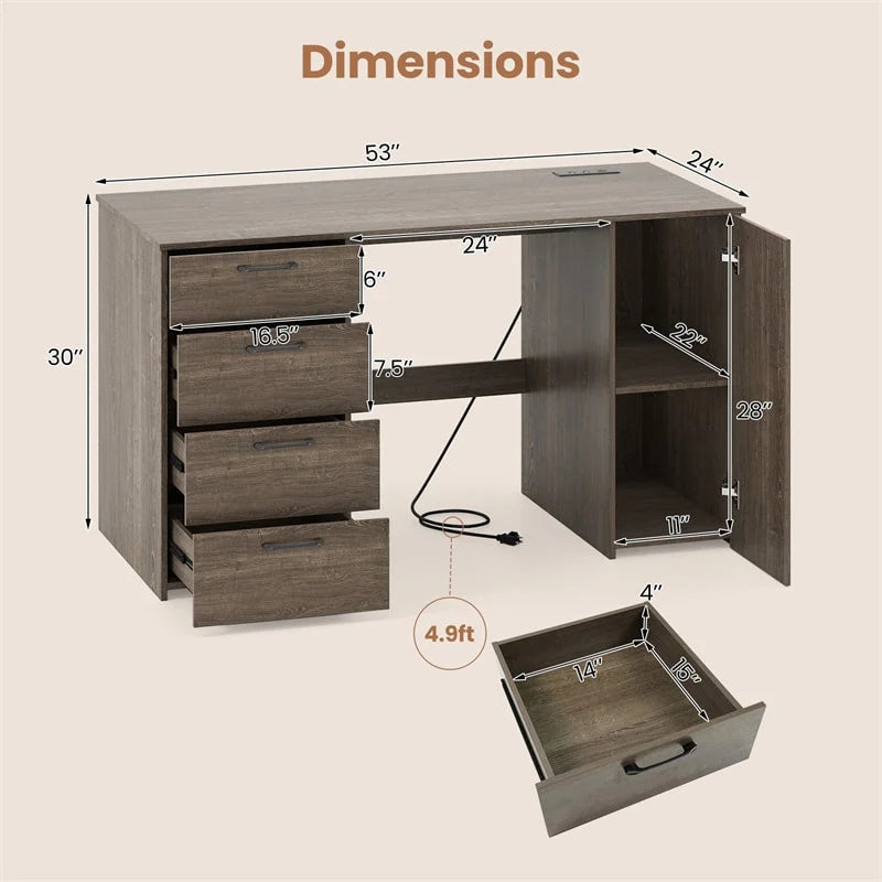 53" Computer Desk with 4 Storage Drawers & Cabinet, Home Office Desk w/ Charging Station, Adjustable Shelf & Cable Management for Study, Makeup