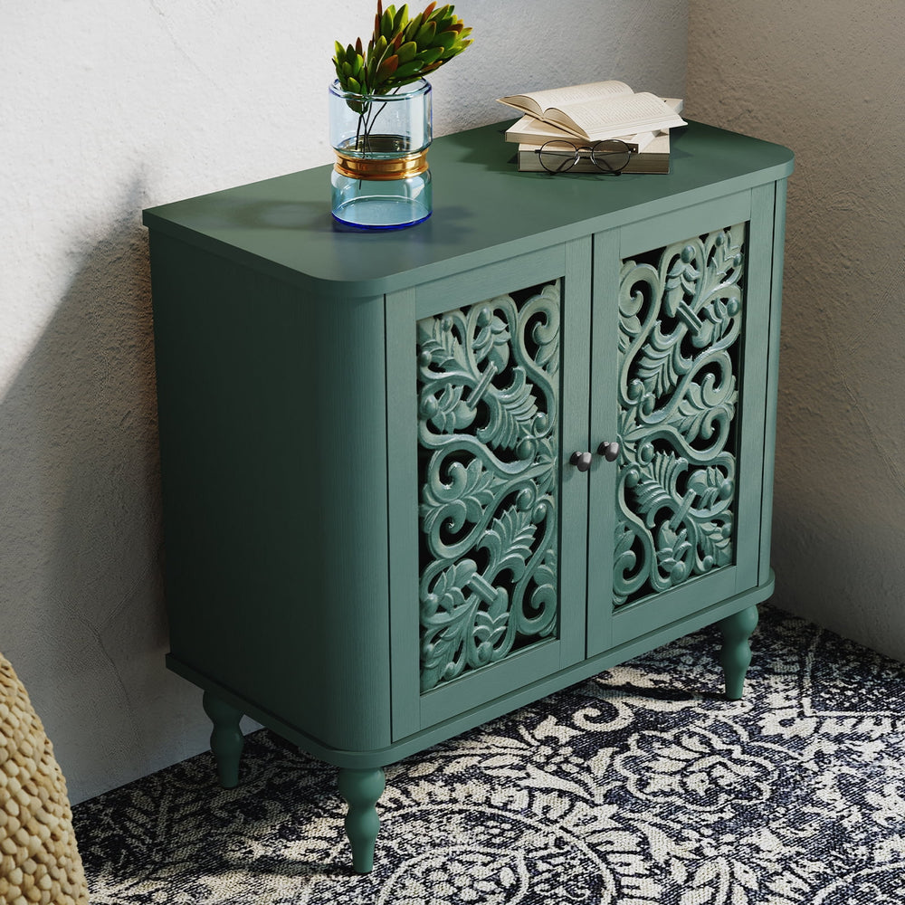 HLR 48" Accent Cabinet with 4 Doors, Vintage Hollow Carving Storage Credenza, Sideboards and Buffets Cabinet for Living Room, Kitchen, Dining Room, Entryway