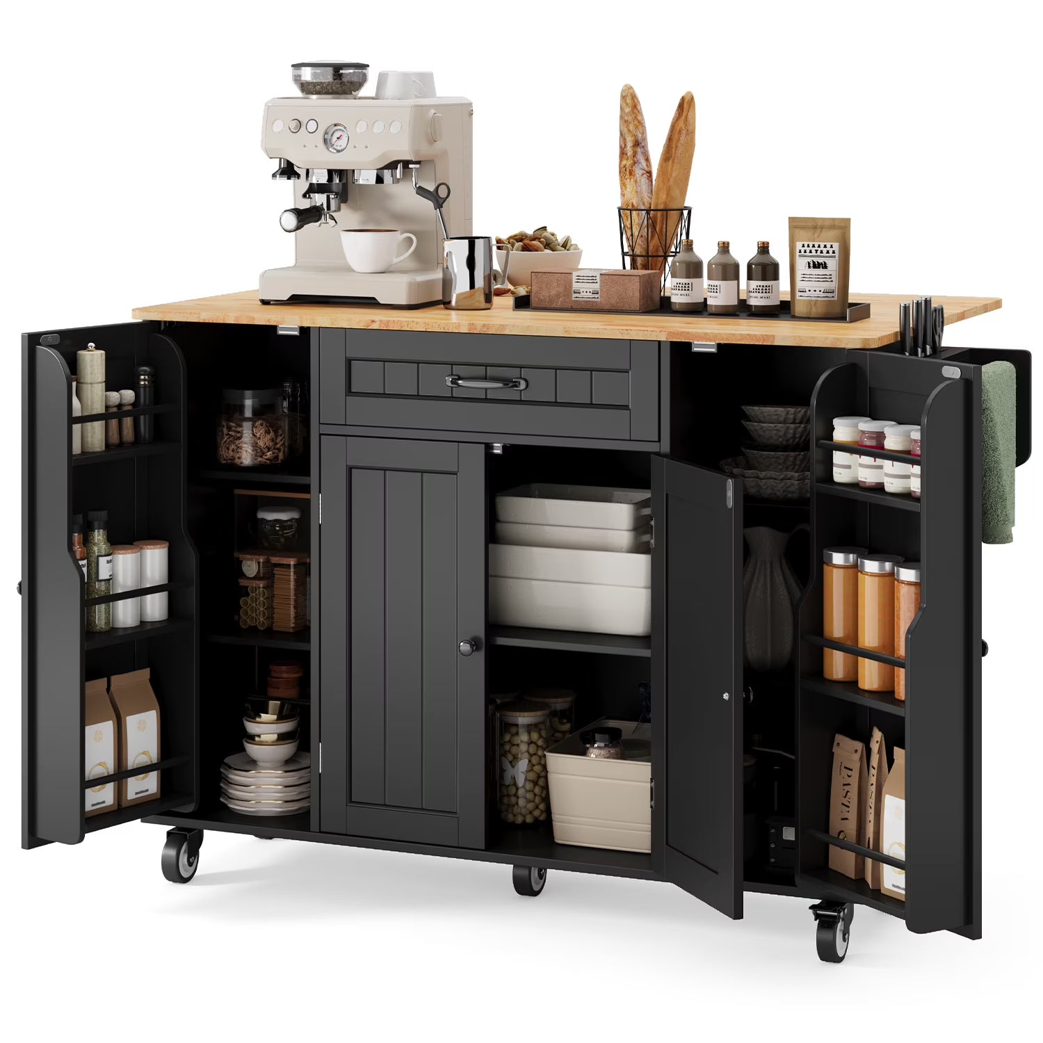 Noelse Kitchen Island with Storage, Island Table for Kitchen with Drop Leaf, Spice Rack, Towel Bar for Small Kitchens, White