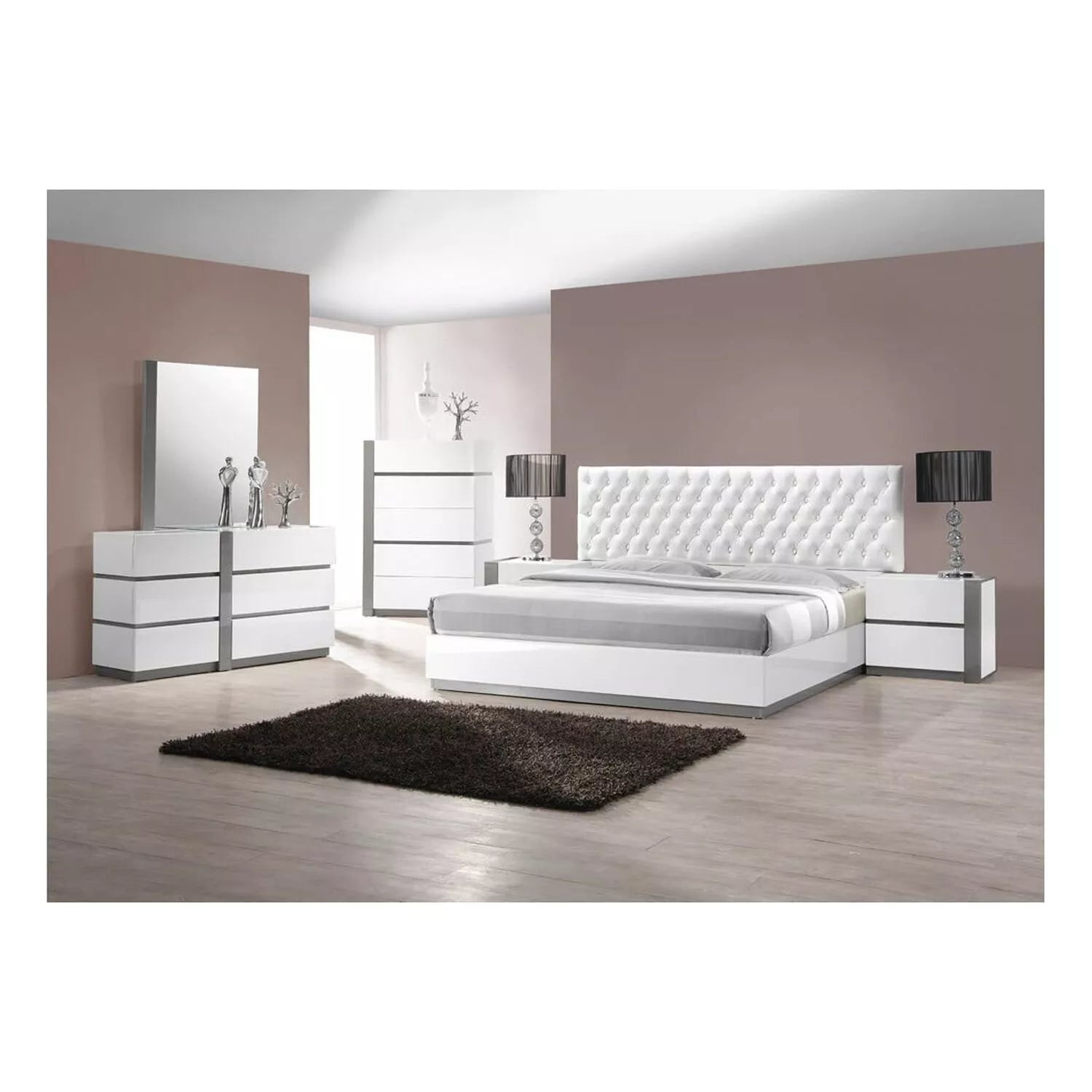 3 - Piece Modern Bedroom Furniture Set, California King Platform Bed with 2x Nightstand, White Lacquer Finish