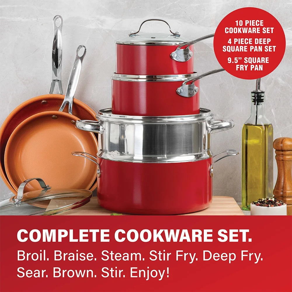 Gotham Steel 32 Pcs Pots and Pans Set Non Stick, Cookware Set with Bakeware and Premium Food Storage Set Nonstick Pots and Pans Set, Red