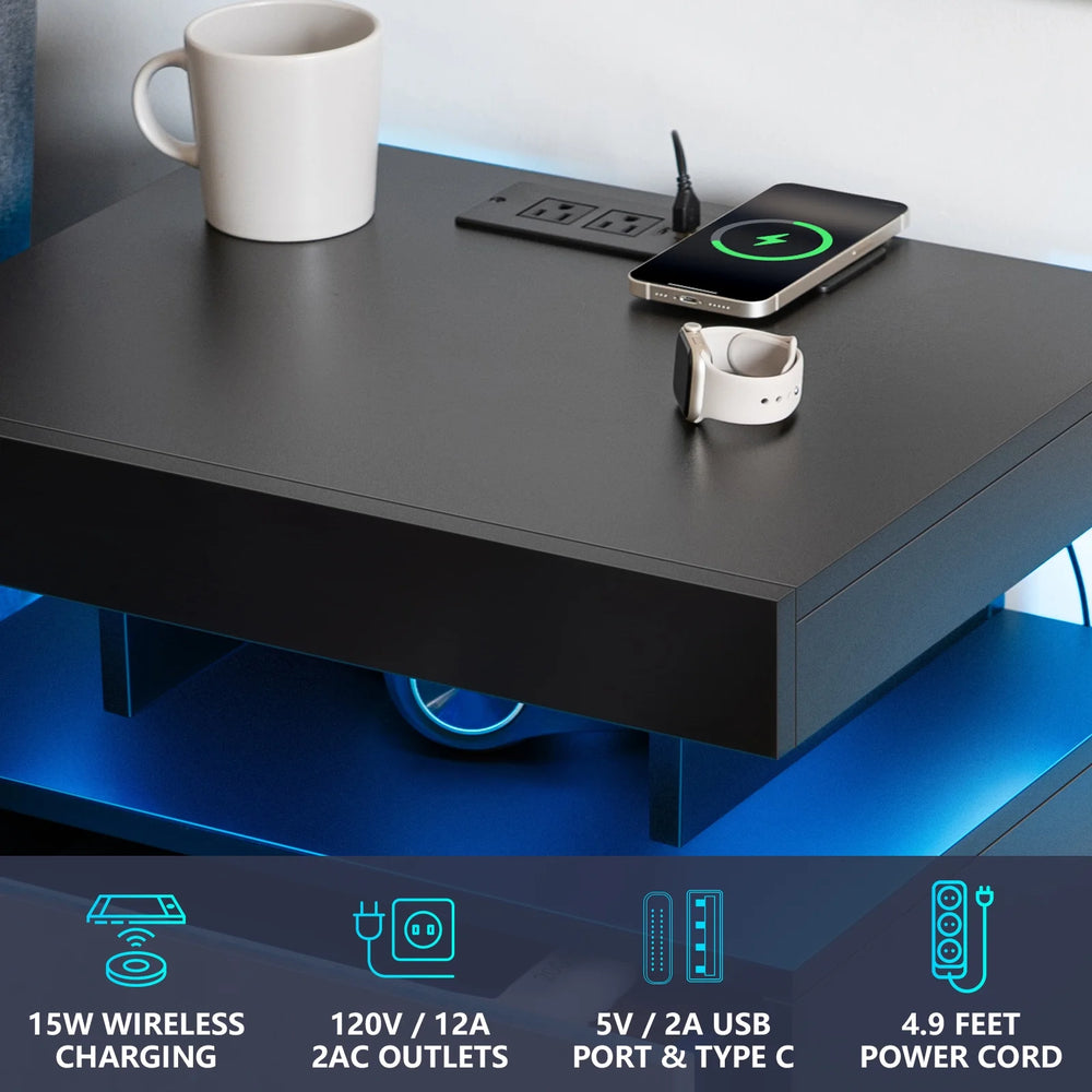 Hommpa LED Nightstand Wireless Charging Station USB Type C Outlets Bedside Table 3 Drawers Black Night Table Modern Smart Nightstand High Gloss End Side Table for Bedroom Furniture 26.8" Tall
