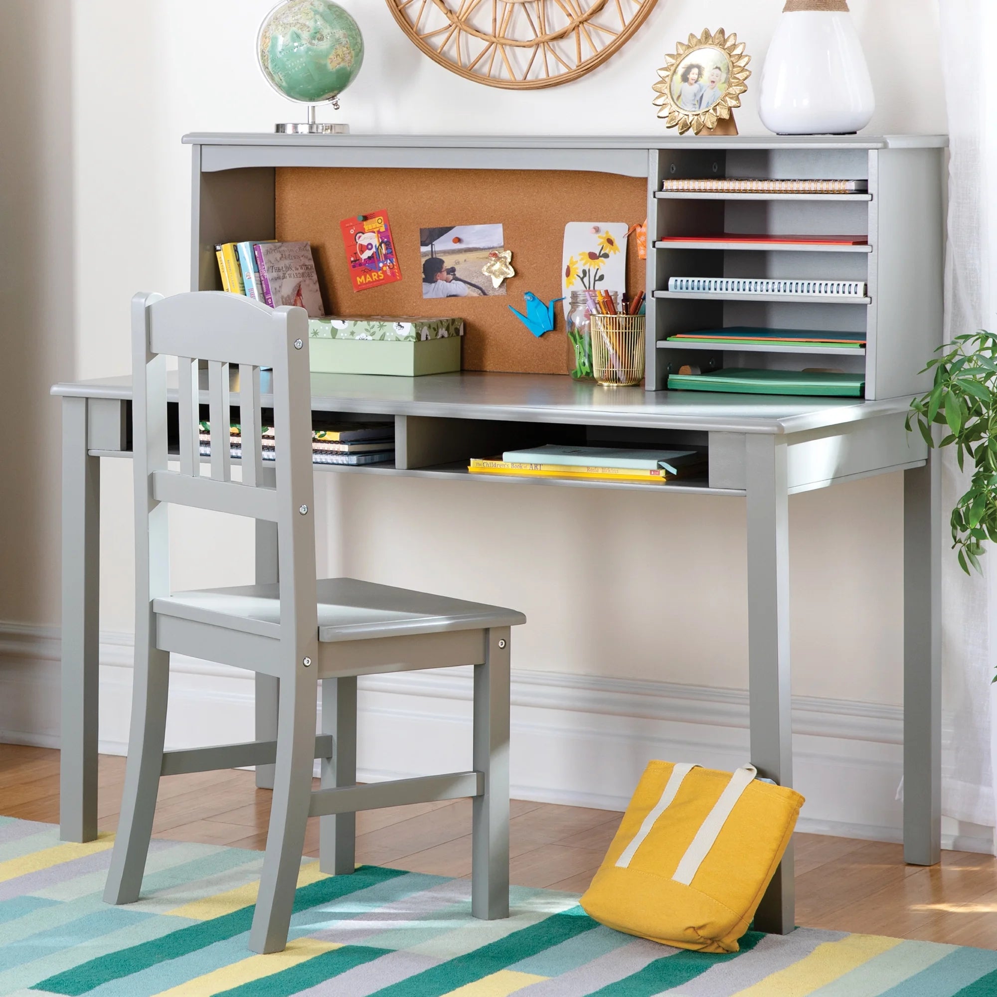 Guidecraft Kids Media Desk and Chair Set - Gray: Kids Desk and Chair Set, Study Table for Kids with Hutch and Shelf, Wood Bedroom Furniture Set