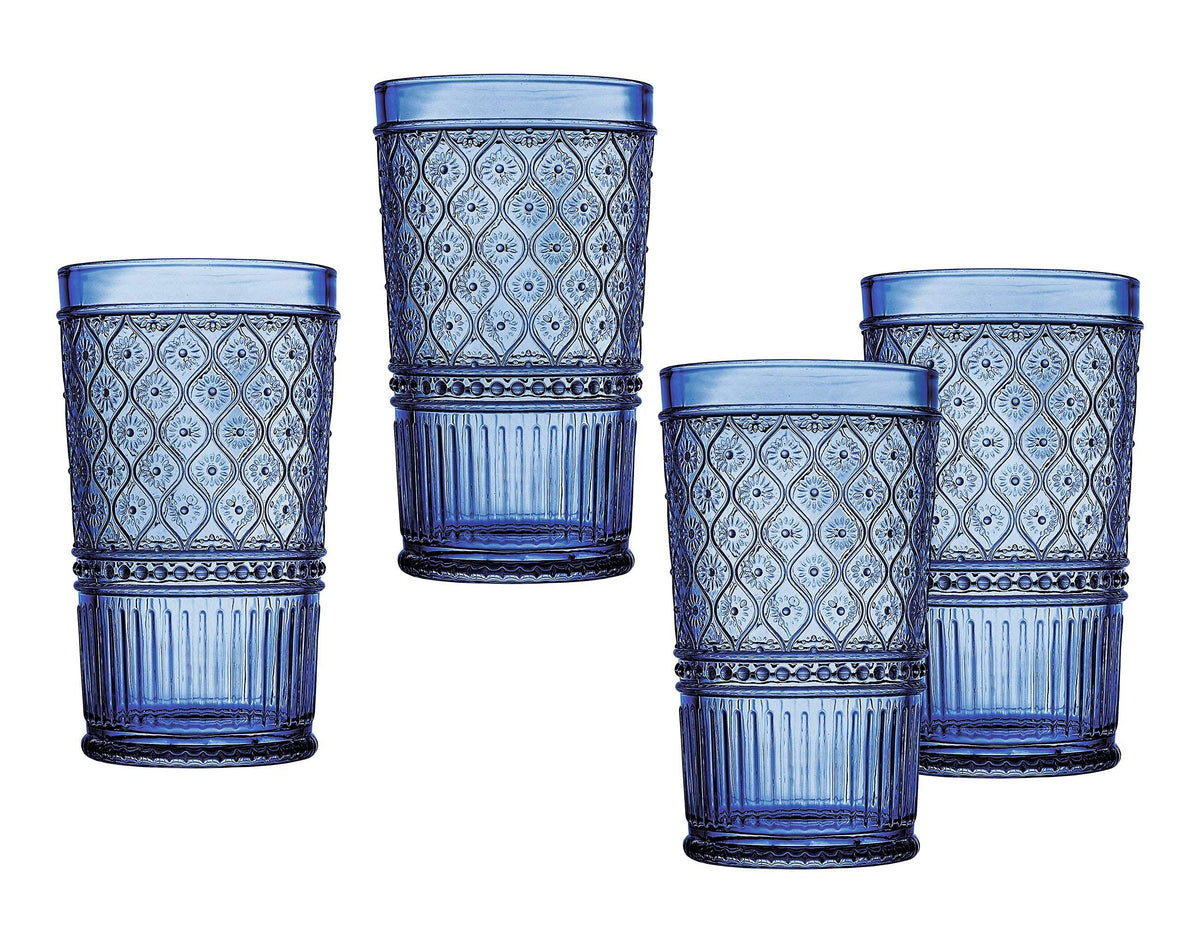 Godinger Highball Drinking Glasses, Tall Glass Cups, Vintage Decor, Water Glasses, Cocktail Glasses Claro Collection, Large 17oz, Blue, Set of 4