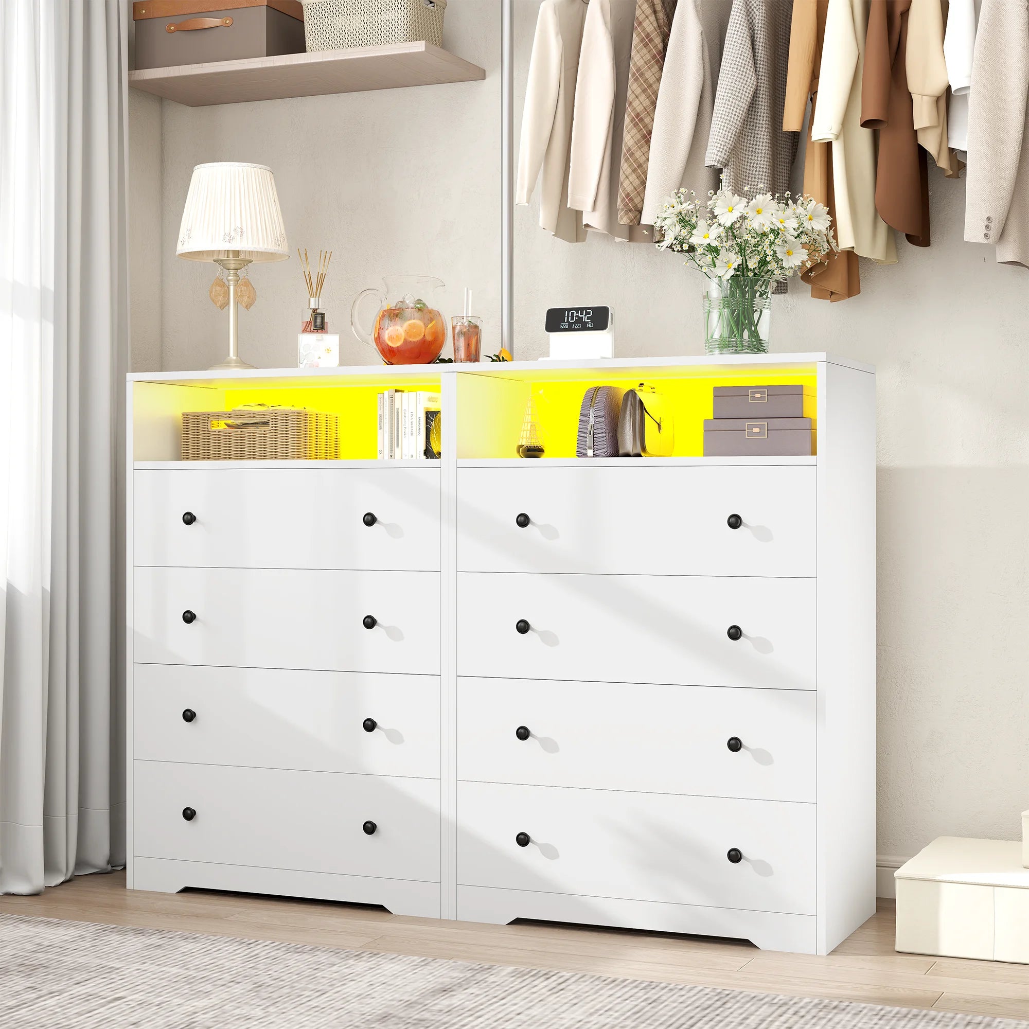 4 - Drawer Black Wood Dresser with LED Lights, Modern Chest of Drawers for Bedroom, Living Room