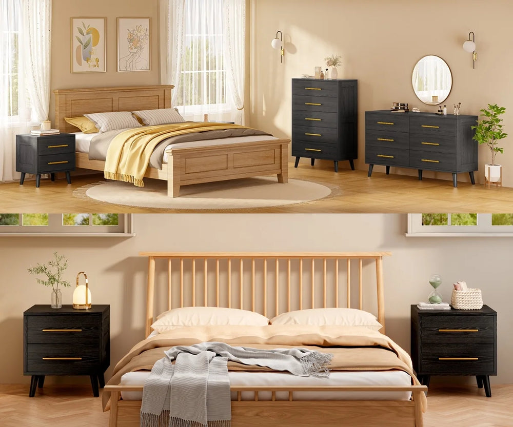 Bedroom Furniture Set - Includes Queen Bed Frame, Nightstands Set of 2, 5 - Drawer Dresser & Double Wide 6 - Drawer Dresser - Modern Storage Solution for Stylish Home Decor, Black
