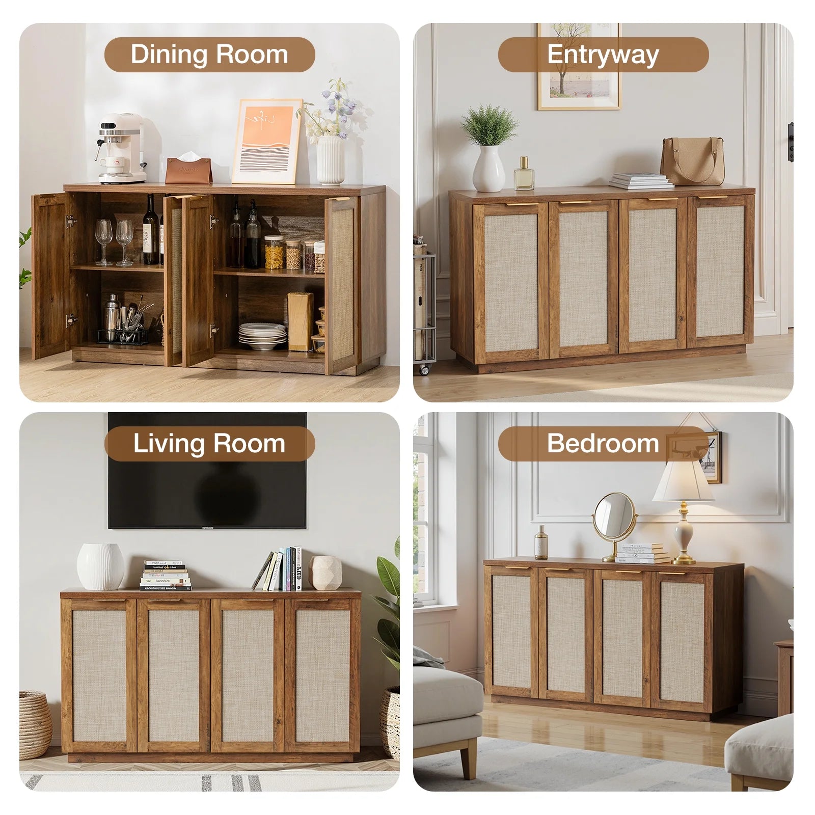 Hommpa Sideboard Buffet Cabinet Rattan Kitchen Storage Organizer with 5 - Position Adjustable Shelf & 2 Doors Boho Farmhouse Accent Cabinets TV Console for Living Dining Room Coffee Bar