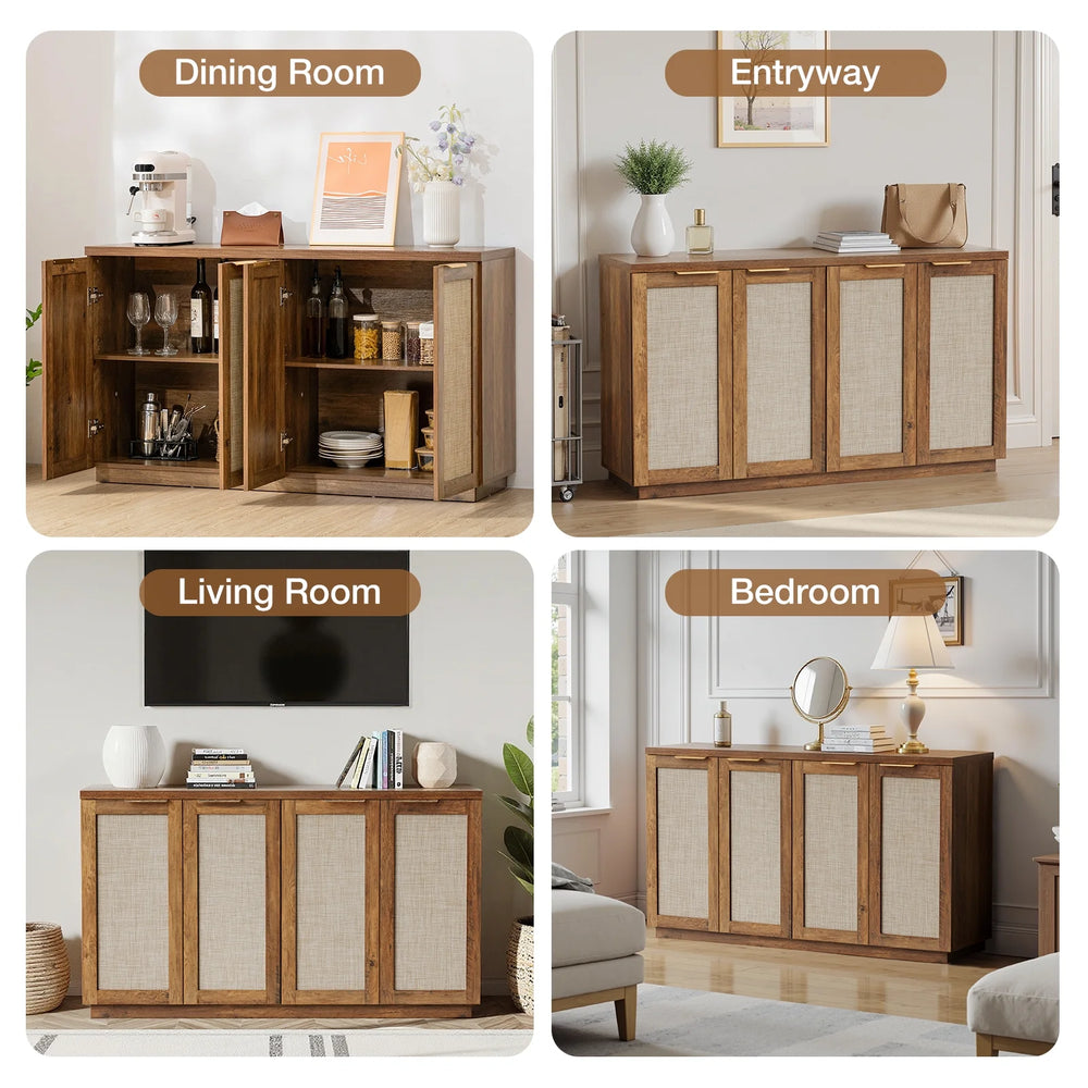 Hommpa Sideboard Buffet Cabinet Rattan Kitchen Storage Organizer with 5 - Position Adjustable Shelf & 2 Doors Boho Farmhouse Accent Cabinets TV Console for Living Dining Room Coffee Bar