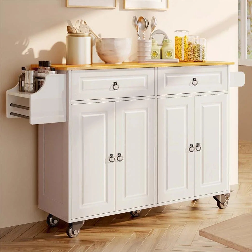 Lofka 52 - Inch Kitchen Island with Storage on Wheels with Wood Drop Leaf, Ideal for Small Kitchens - Retro