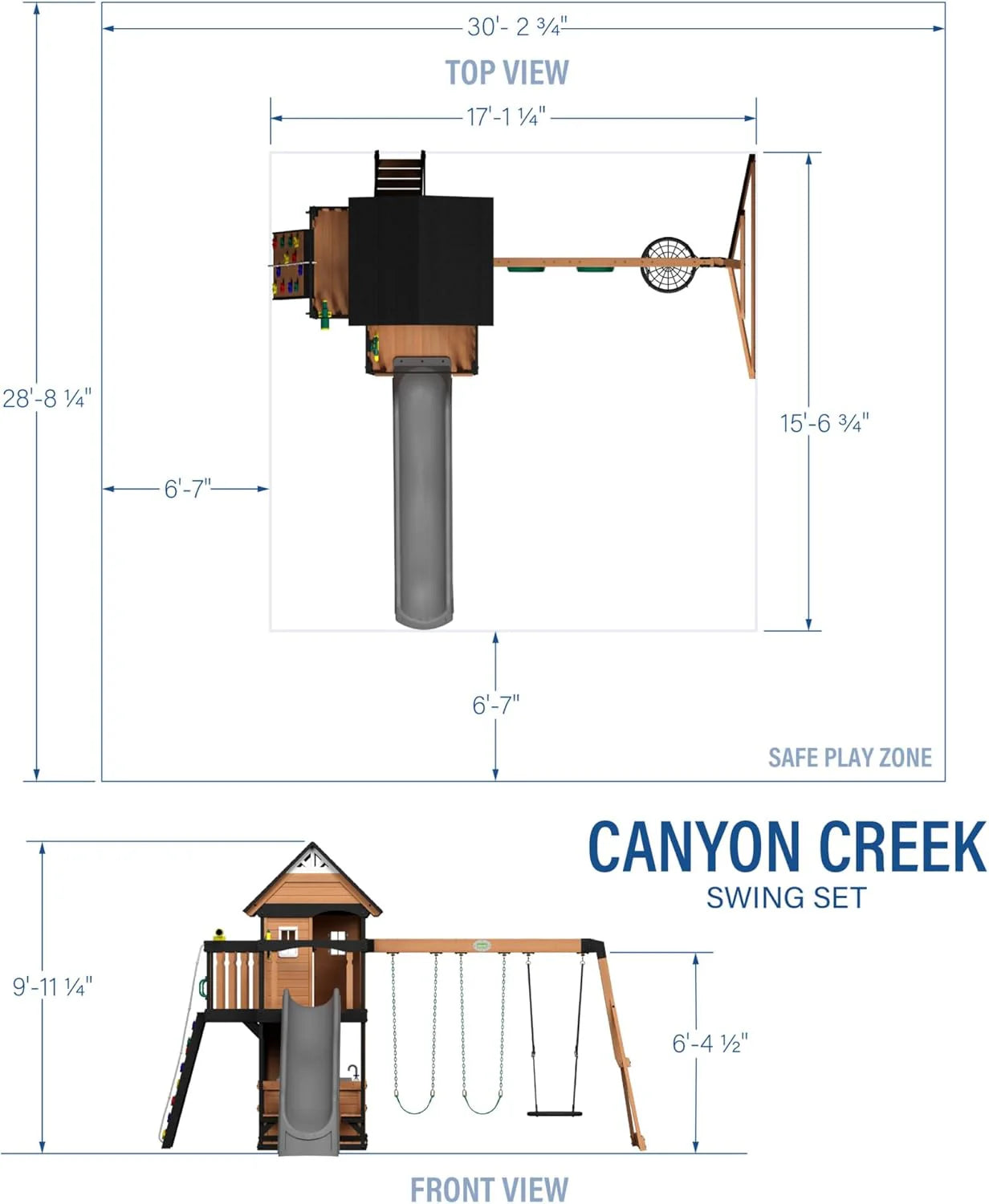Backyard Discovery Canyon Creek Cedar Wood Swing Set with Wave Slide. Clubhouse. Play Kitchen. Picnic Area. Belt Swings. Web Swing. Rock Wall. Balconies. Playhouse. Step Ladder. Outdoor Playset