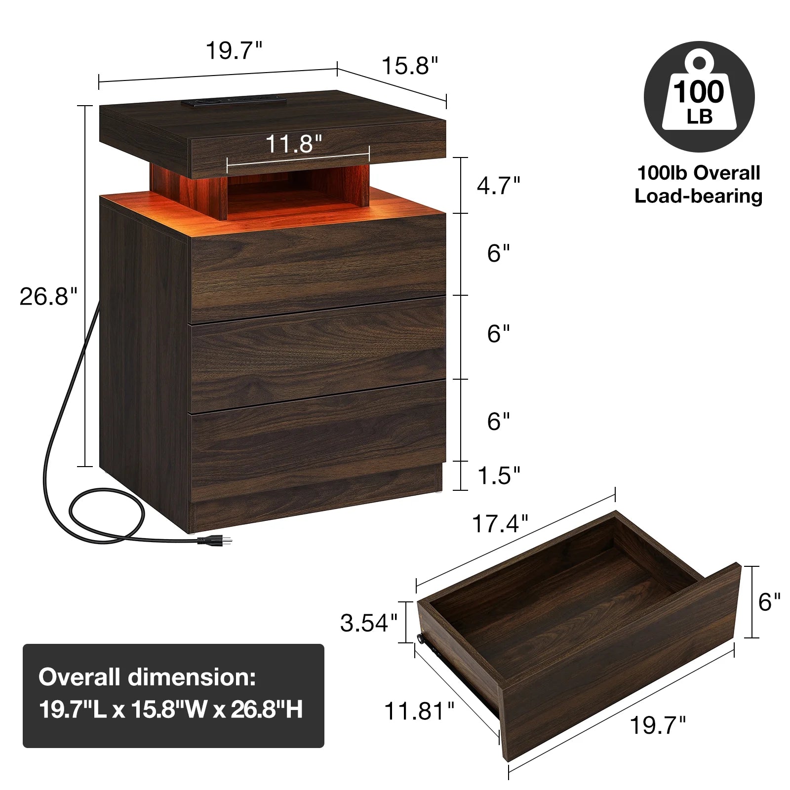 Hommpa LED Nightstand Wireless Charging Station USB Type C Outlets Bedside Table 3 Drawers Black Night Table Modern Smart Nightstand High Gloss End Side Table for Bedroom Furniture 26.8" Tall