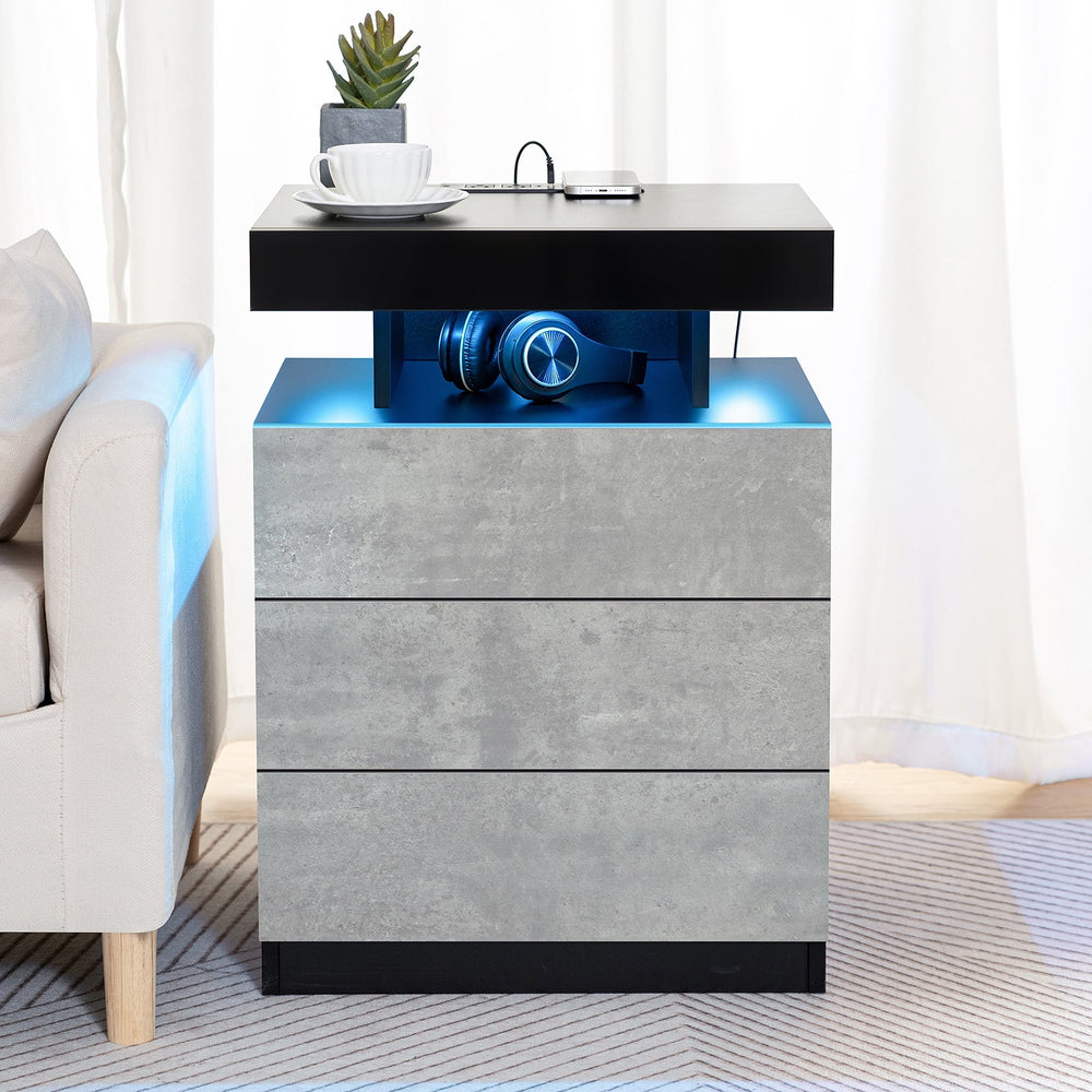 Hommpa LED Nightstand Wireless Charging Station USB Type C Outlets Bedside Table 3 Drawers Black Night Table Modern Smart Nightstand High Gloss End Side Table for Bedroom Furniture 26.8" Tall