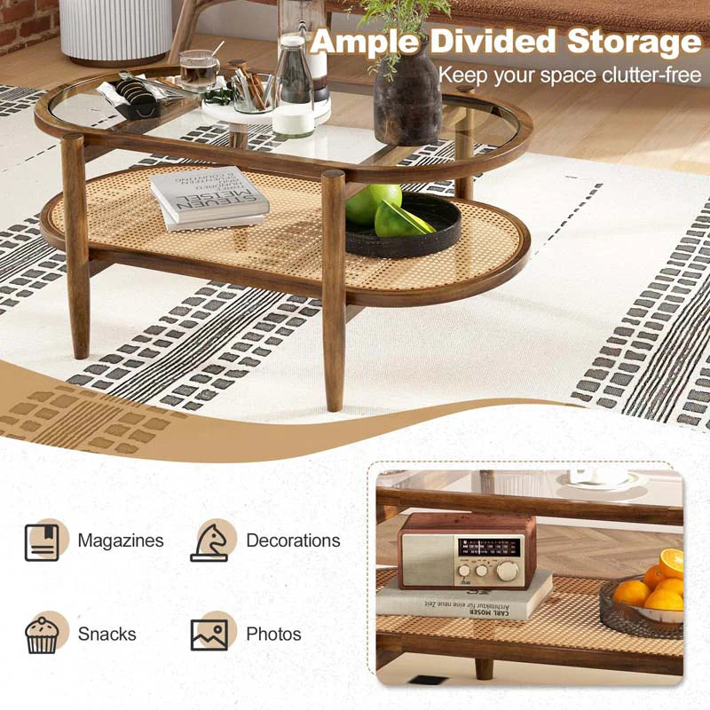 2-Tier Oval Boho Coffee Table with Tempered Glass Top, Rattan Shelf & Acacia Wood Frame, Mid Century Modern Center Table for Living Room Office