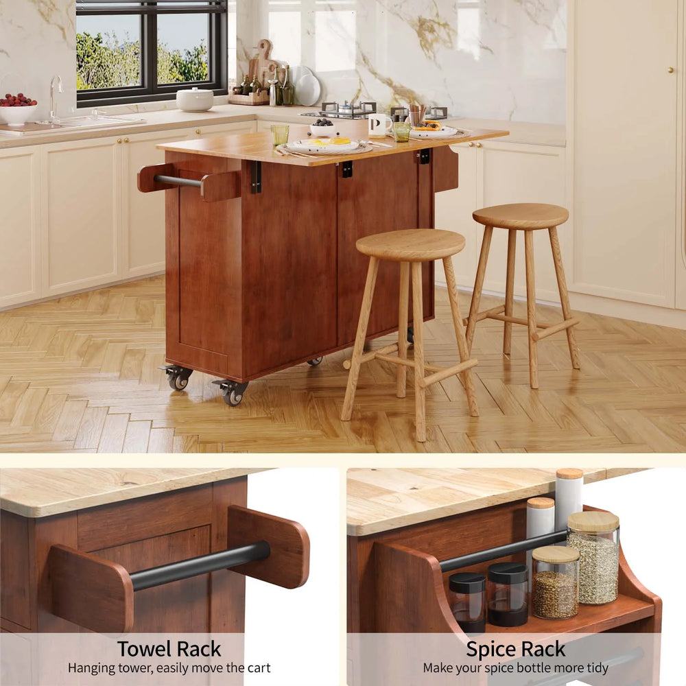 Lofka 52 - Inch Kitchen Island with Storage on Wheels with Wood Drop Leaf, Ideal for Small Kitchens