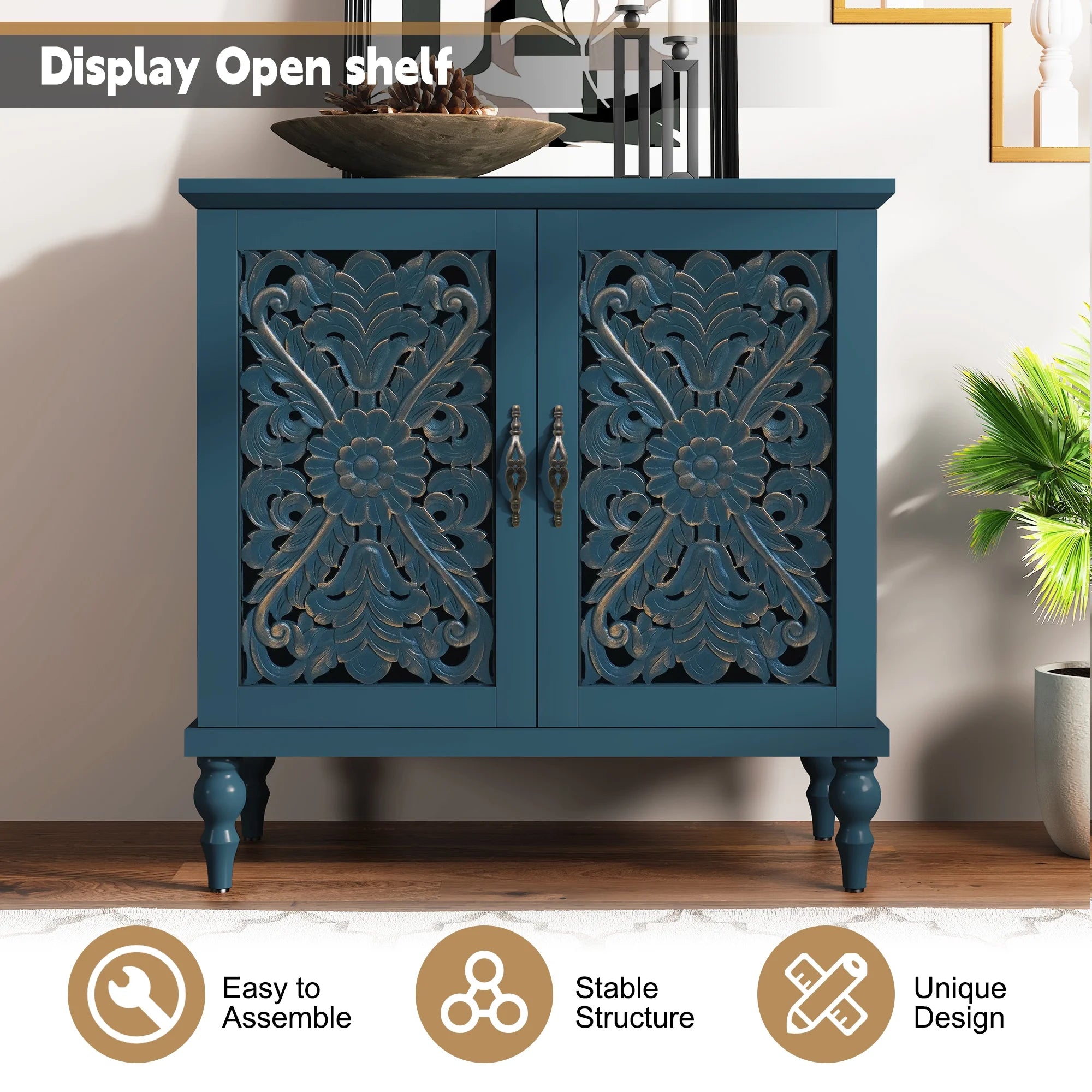 HLR 48" Accent Cabinet with 4 Doors, Vintage Hollow Carving Storage Credenza, Sideboards and Buffets Cabinet for Living Room, Kitchen, Dining Room, Entryway