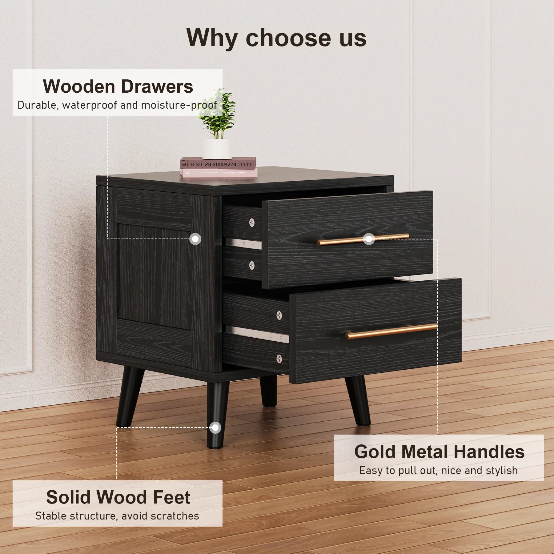 Noelse 3 Piece Bedroom Furniture Set, 6 Drawer Dresser with 2 Nightstands, Modern Wood Storage Organizer with Metal Handles for Bedroom, Living Room, Black