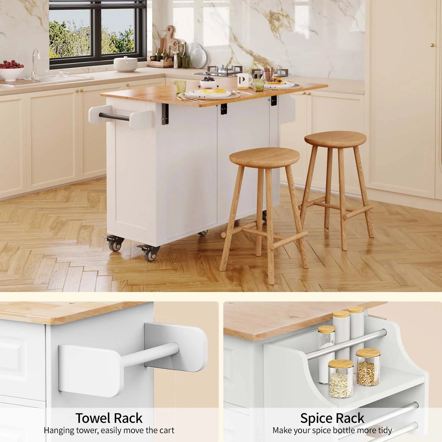 Lofka 52 - Inch Kitchen Island with Storage on Wheels with Wood Drop Leaf, Ideal for Small Kitchens