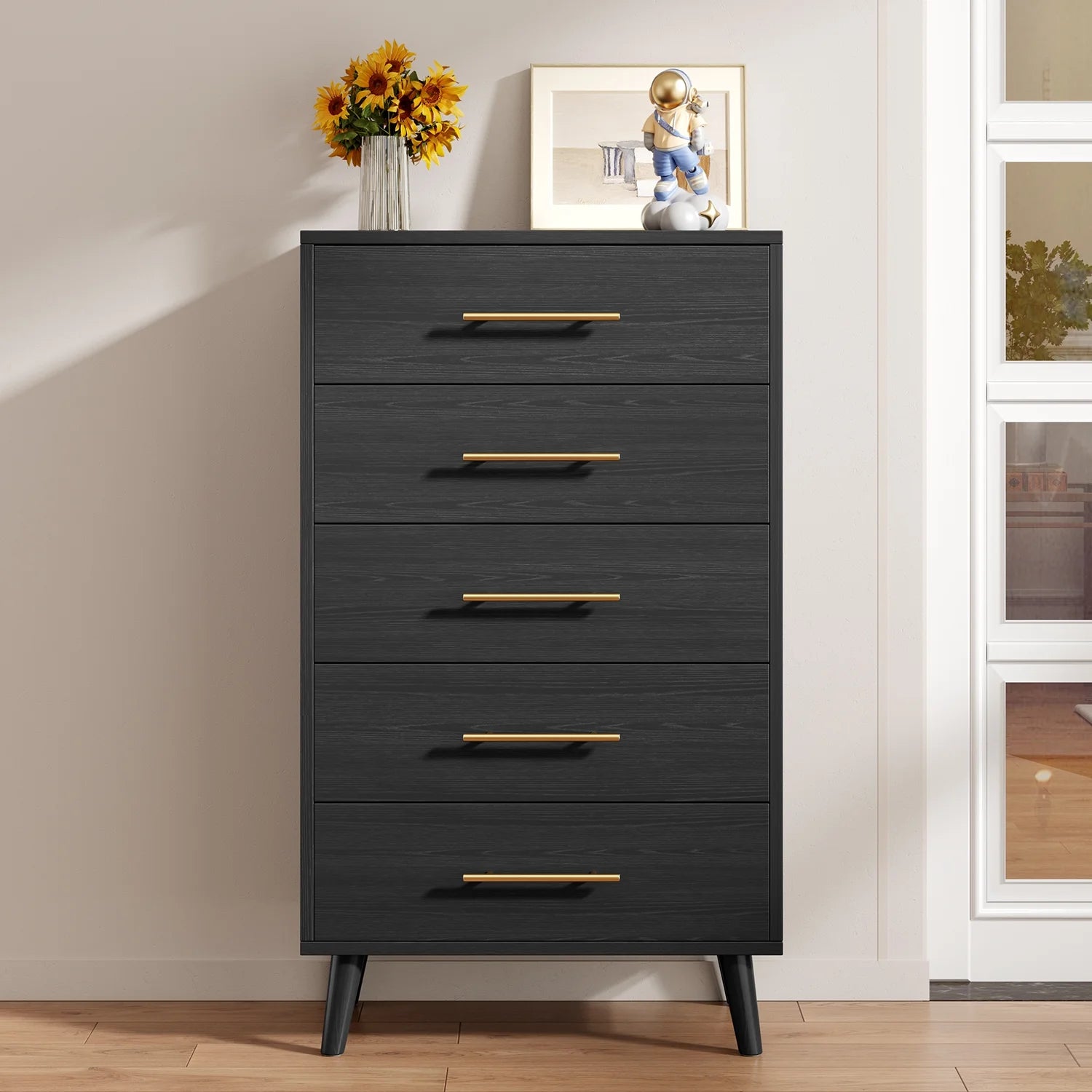 Bedroom Furniture Set - Includes Queen Bed Frame, Nightstands Set of 2, 5 - Drawer Dresser & Double Wide 6 - Drawer Dresser - Modern Storage Solution for Stylish Home Decor, Black