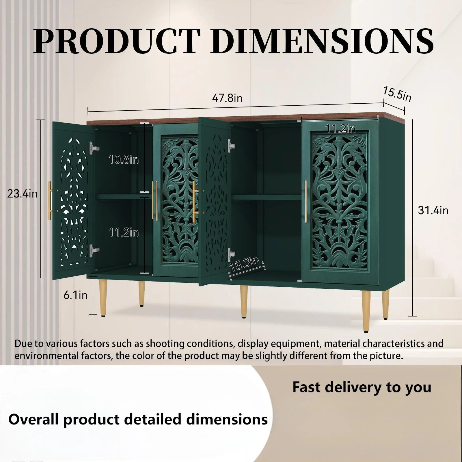 HLR 48" Accent Cabinet with 4 Doors, Vintage Hollow Carving Storage Credenza, Sideboards and Buffets Cabinet for Living Room, Kitchen, Dining Room, Entryway