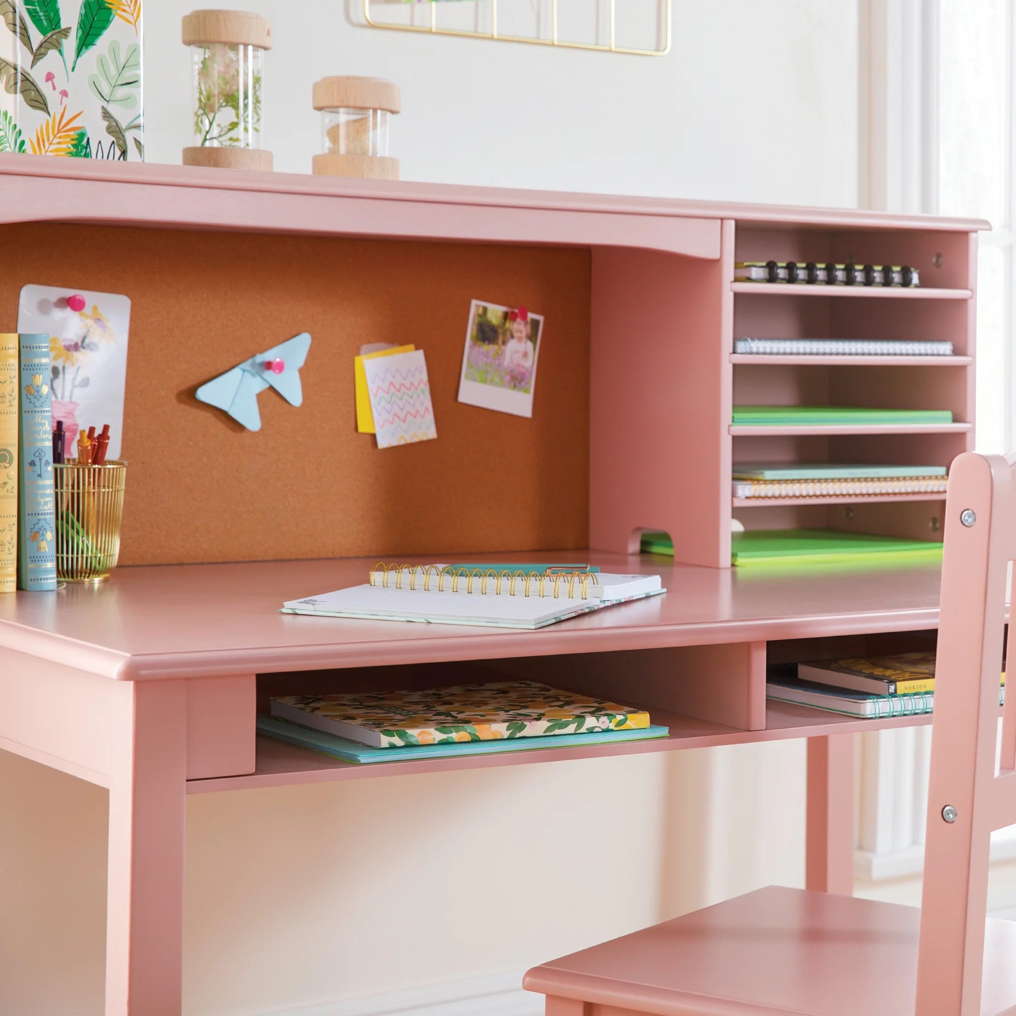 Guidecraft Kids Media Desk and Chair Set - Gray: Kids Desk and Chair Set, Study Table for Kids with Hutch and Shelf, Wood Bedroom Furniture Set
