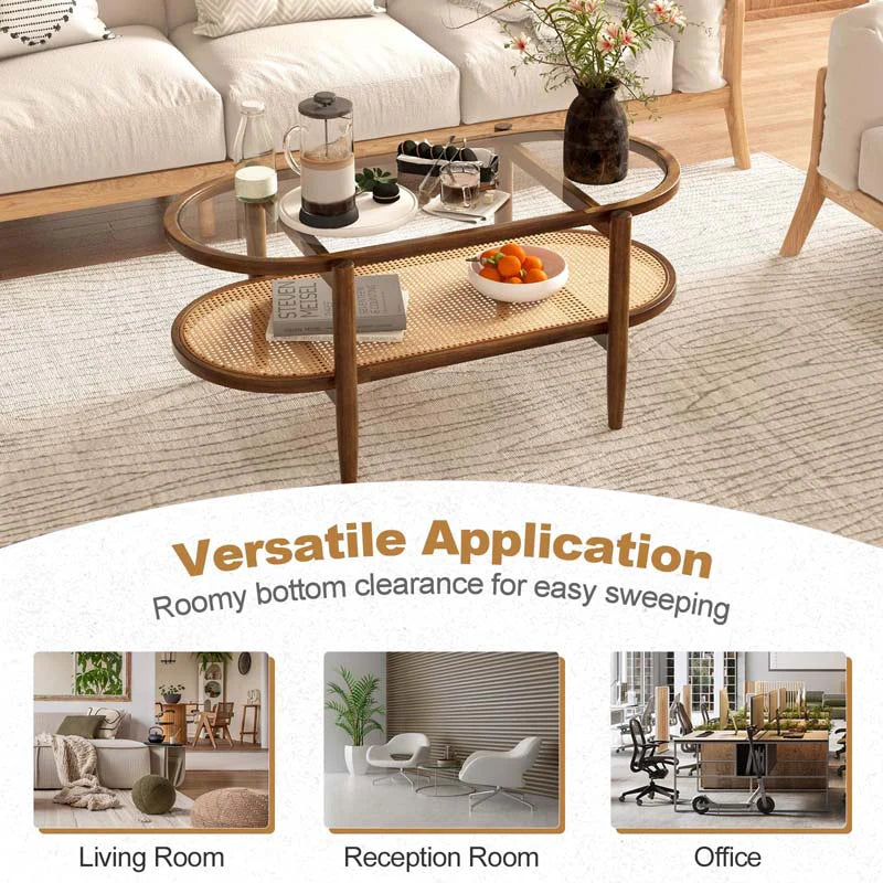 2-Tier Oval Boho Coffee Table with Tempered Glass Top, Rattan Shelf & Acacia Wood Frame, Mid Century Modern Center Table for Living Room Office