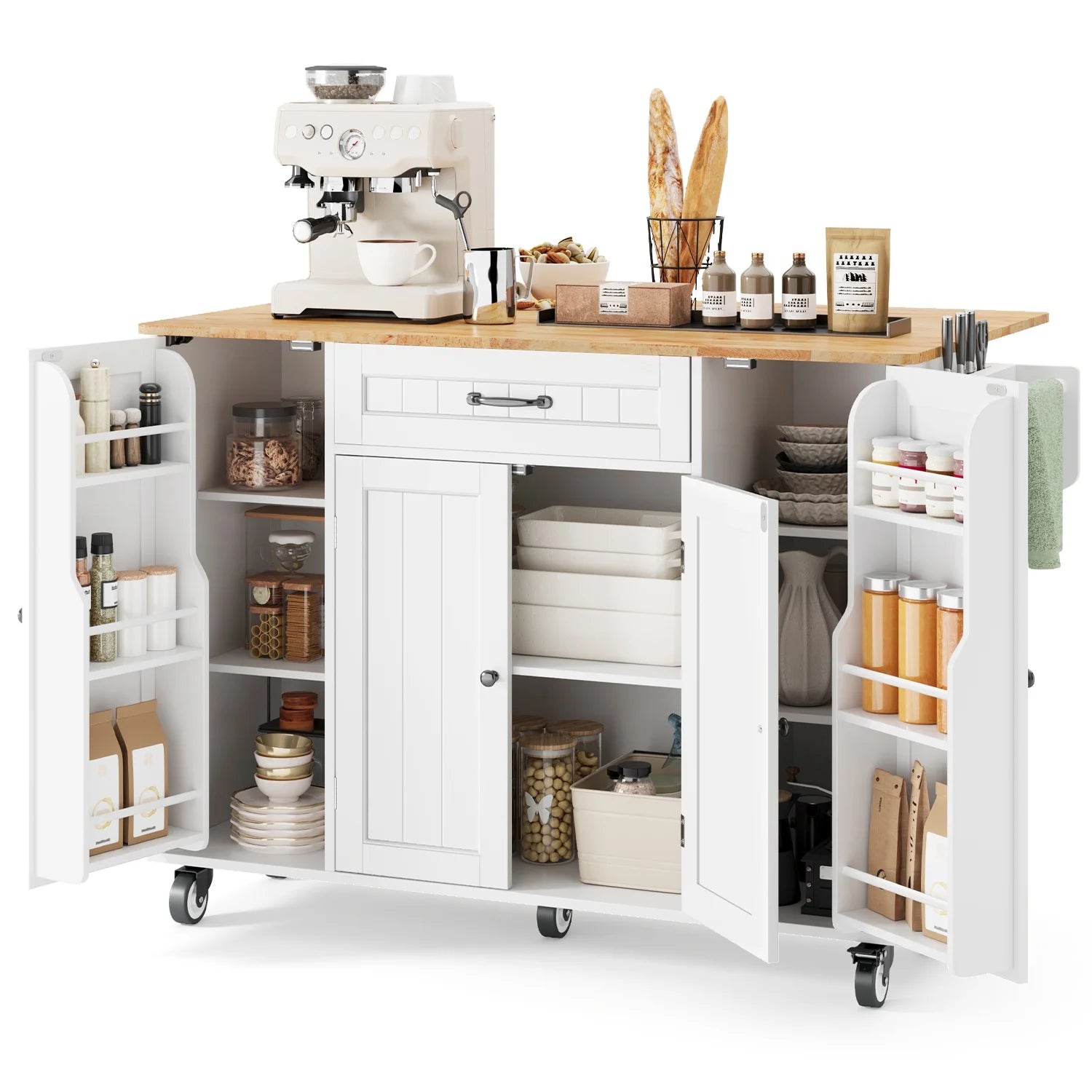 Noelse Kitchen Island with Storage, Island Table for Kitchen with Drop Leaf, Spice Rack, Towel Bar for Small Kitchens, White