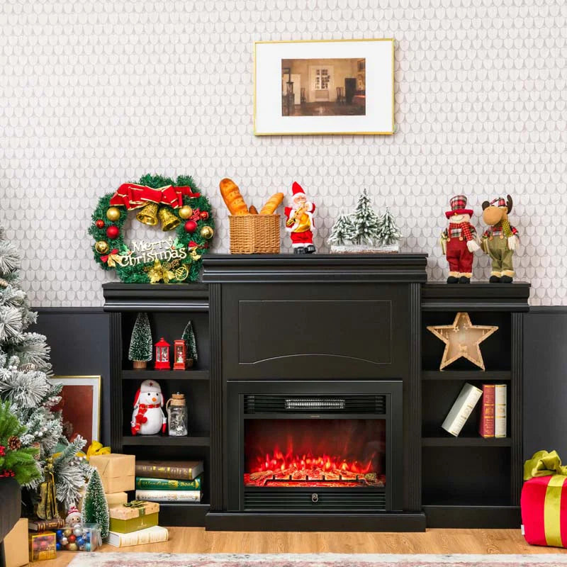 70" Fireplace Mantel TV Stand with Storage Shelves, Freestanding Wood Media Console for 28.5" Fireplace Insert, Living Room & Bedroom - White