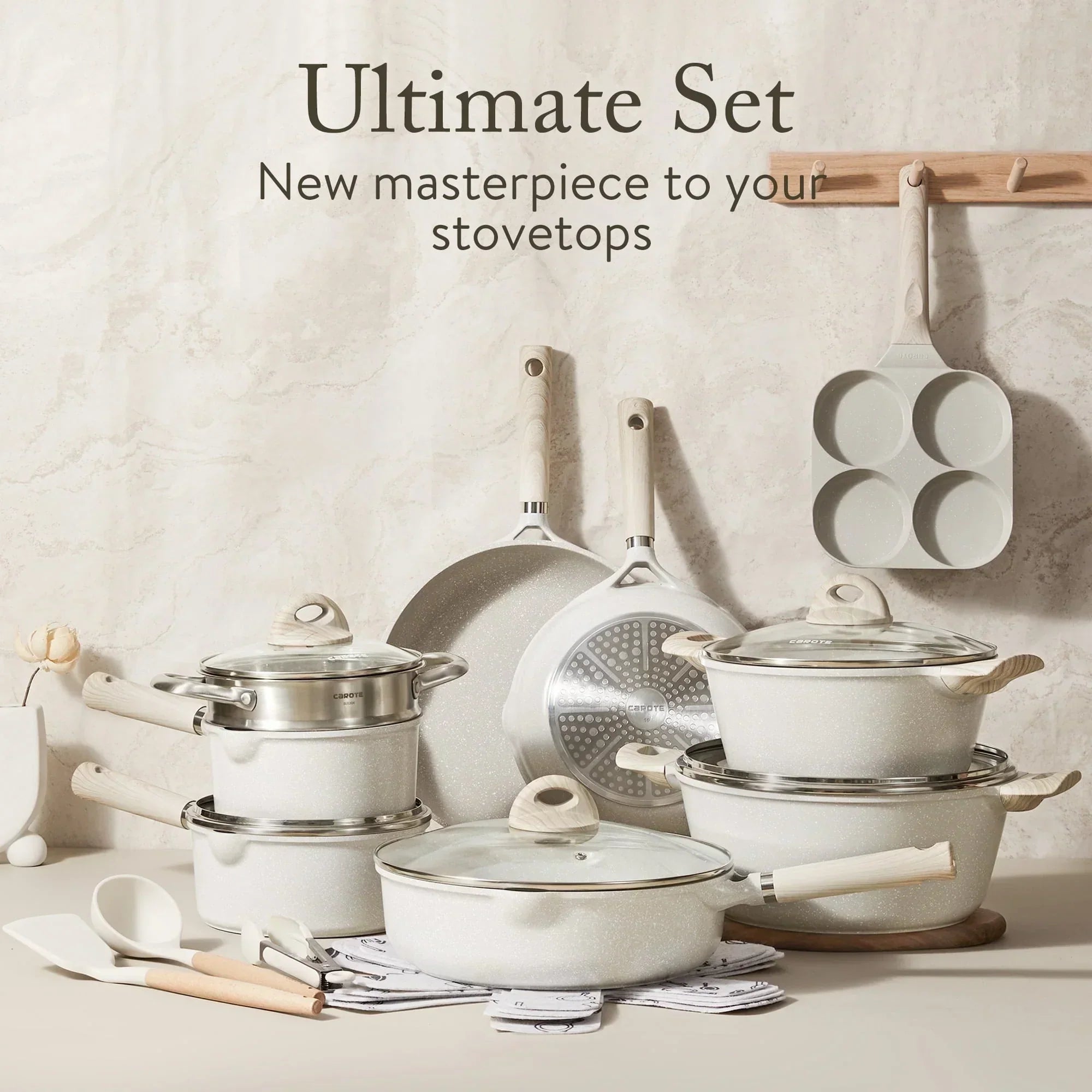 Non Stick Pots and Pans Set, 21 Pcs Induction Kitchen Cookware Sets (Beige Granite)