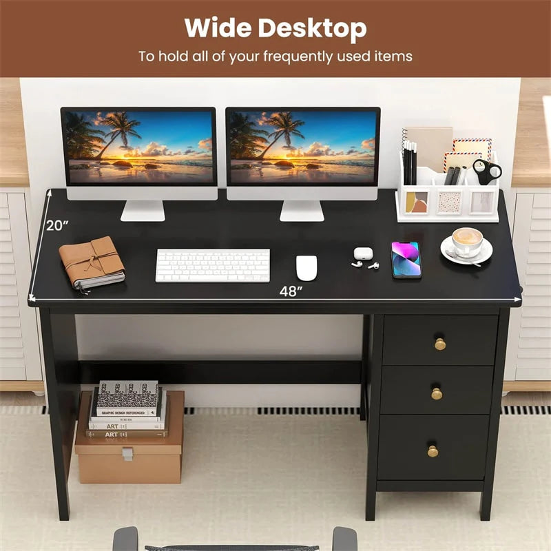 Computer Desk with 3 Storage Drawers, 48" Modern Home Office Desk with Spacious Desktop, Compact Study Writing Desk Workstation for Bedroom