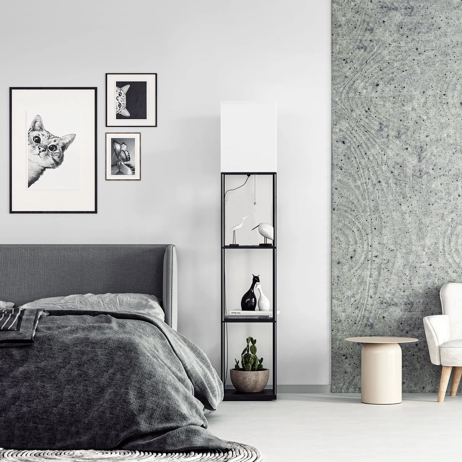 Modern Iron Shelf Floor Lamp with 3 - Way Dimmable LED Bulb, Shelves and White Shade for Living Room and Bedroom(Black)