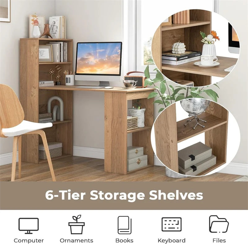 48" Computer Desk with 6-Tier Storage Shelves, 3-in-1 Reversible Writing Desk w/ Bookshelf & CPU Stand, Space-Saving Home Office Workstation