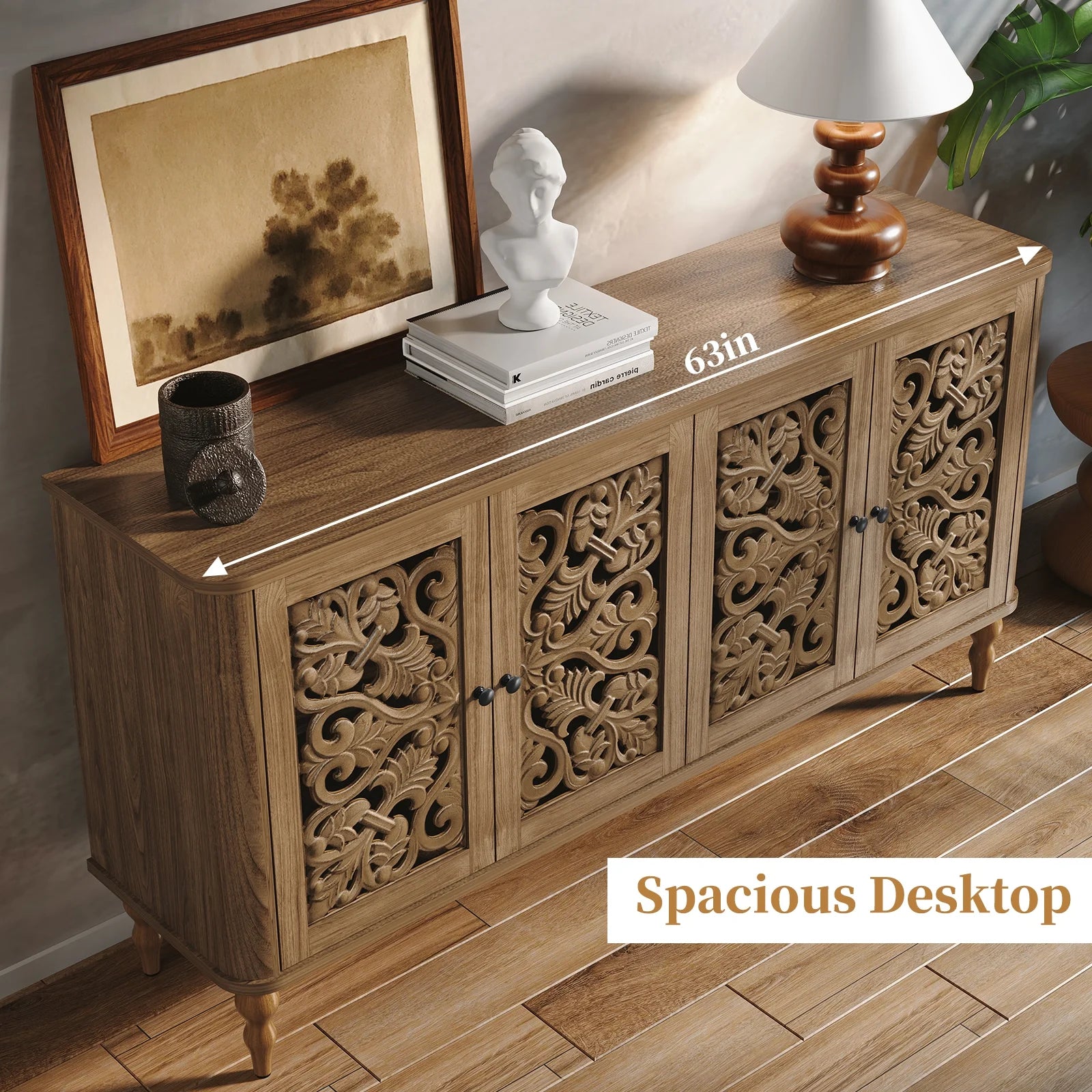 HLR 48" Accent Cabinet with 4 Doors, Vintage Hollow Carving Storage Credenza, Sideboards and Buffets Cabinet for Living Room, Kitchen, Dining Room, Entryway
