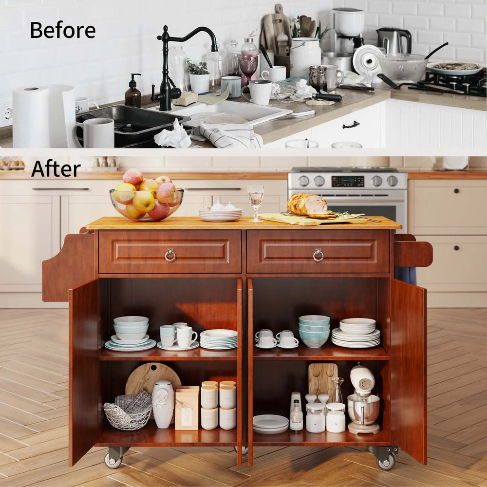 Lofka 52 - Inch Kitchen Island with Storage on Wheels with Wood Drop Leaf, Ideal for Small Kitchens