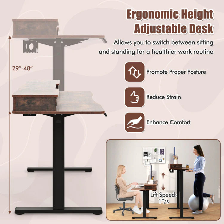 Electric Standing Desk with 2 Drawers, 3 Memory Positions, 63" x 24" Height Adjustable Electric Sit Stand Desk for Home Office Bedroom - White