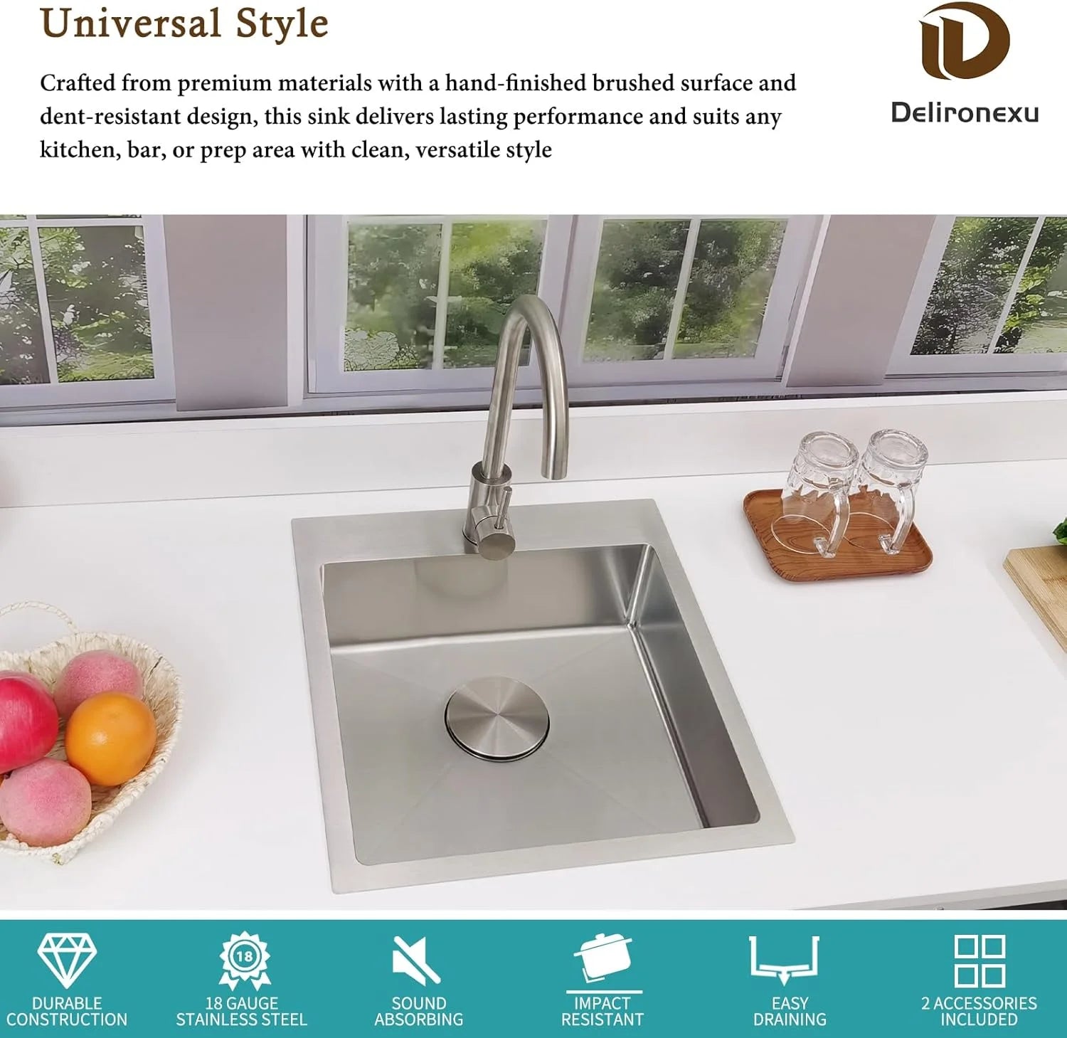 17 in Bar Sink Drop in - Small Kitchen Sink, Modern 18 Gauge Stainless Steel Sink with Brushed Finish, 17"x19"x6" Single Bowl Kitchen Sinks for RV, Prep, and Outdoor Use