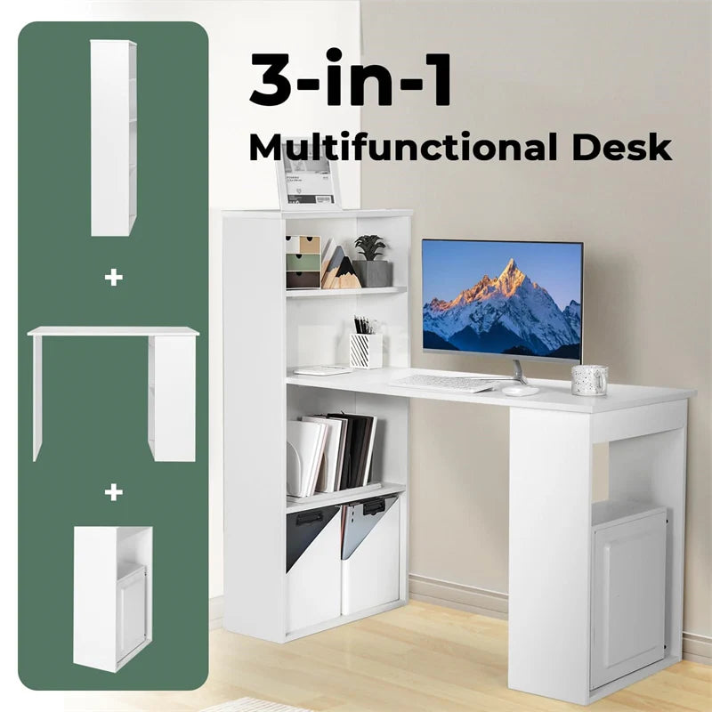 48" Computer Desk with 6-Tier Storage Shelves, 3-in-1 Reversible Writing Desk w/ Bookshelf & CPU Stand, Space-Saving Home Office Workstation