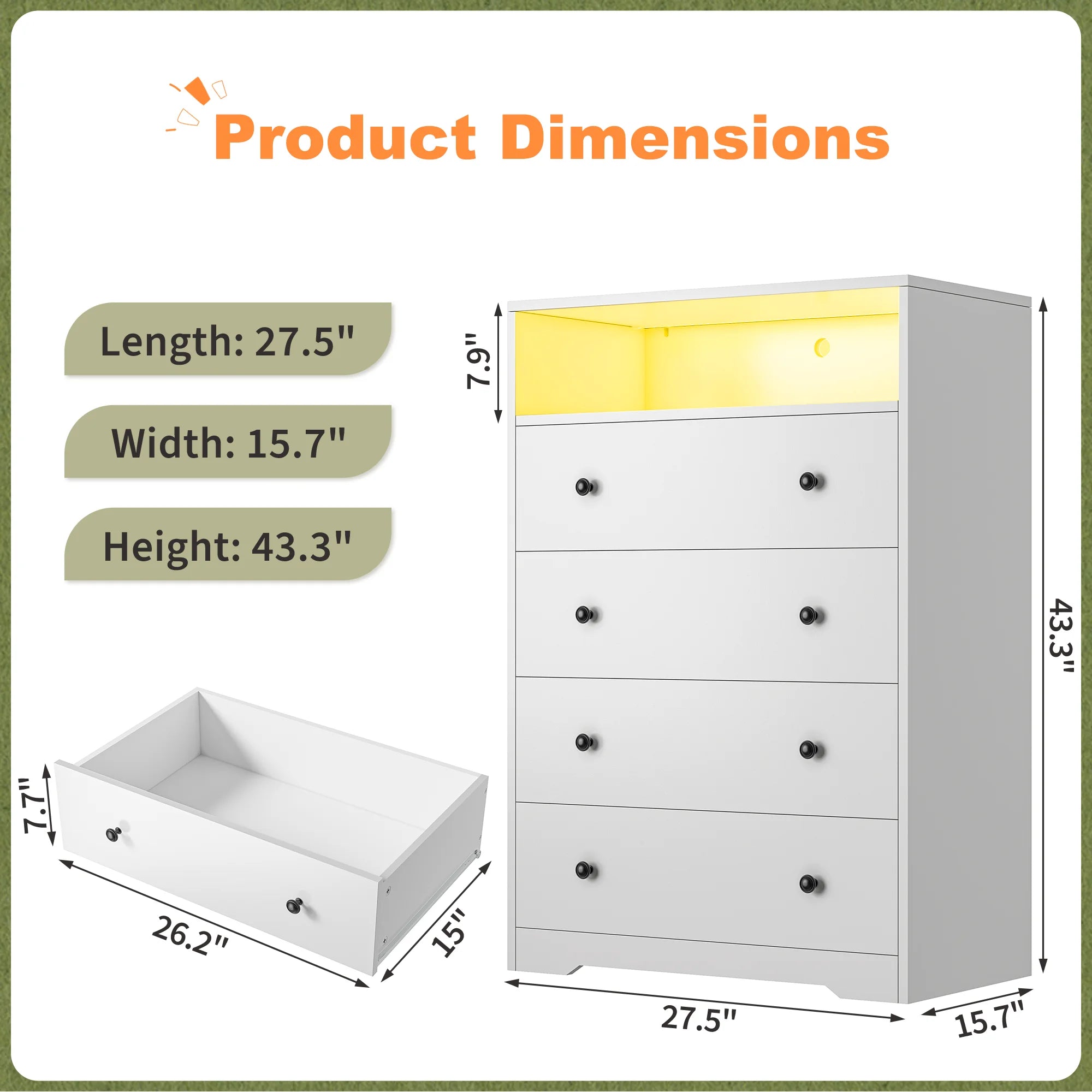 4 - Drawer Black Wood Dresser with LED Lights, Modern Chest of Drawers for Bedroom, Living Room