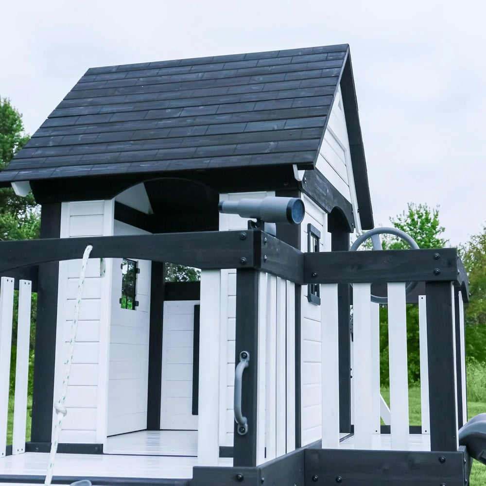 Backyard Discovery Canyon Creek Cedar Wood Swing Set with Wave Slide. Clubhouse. Play Kitchen. Picnic Area. Belt Swings. Web Swing. Rock Wall. Balconies. Playhouse. Step Ladder. Outdoor Playset