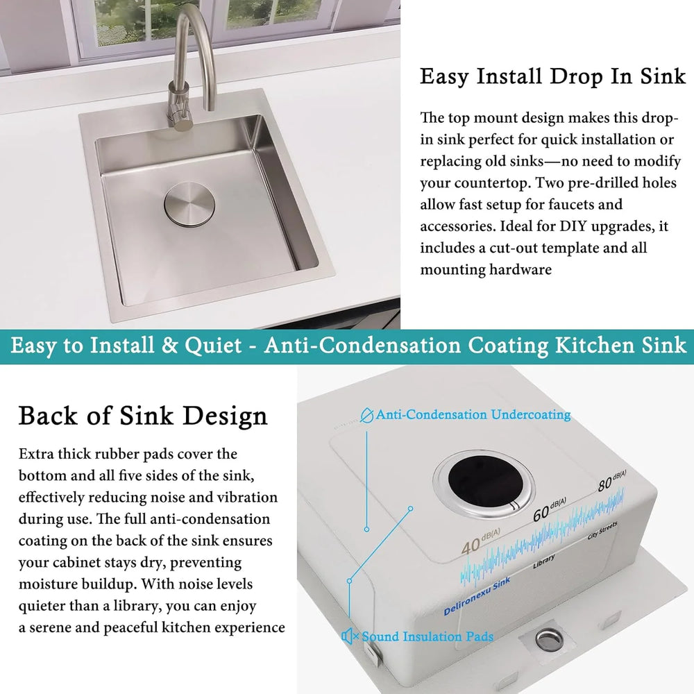 17 in Bar Sink Drop in - Small Kitchen Sink, Modern 18 Gauge Stainless Steel Sink with Brushed Finish, 17"x19"x6" Single Bowl Kitchen Sinks for RV, Prep, and Outdoor Use