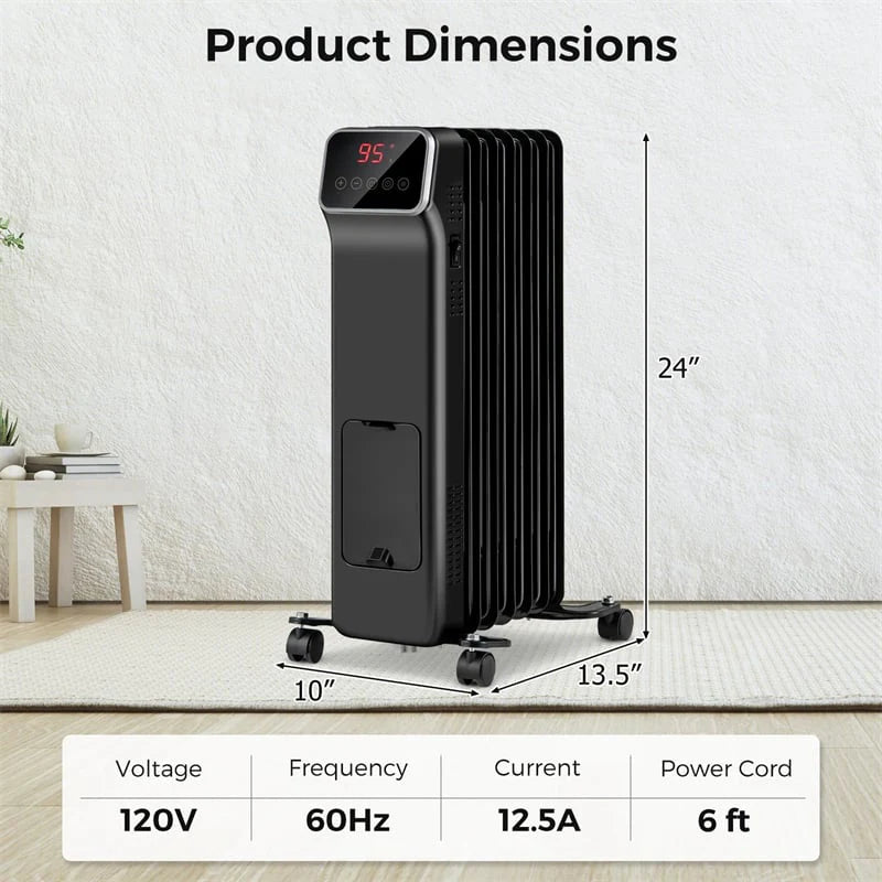 1500W Oil Filled Radiator Heater with Remote Control, Adjustable Thermostat, 24H Timer & 3 Modes, Portable Electric Space Heater for Home Office