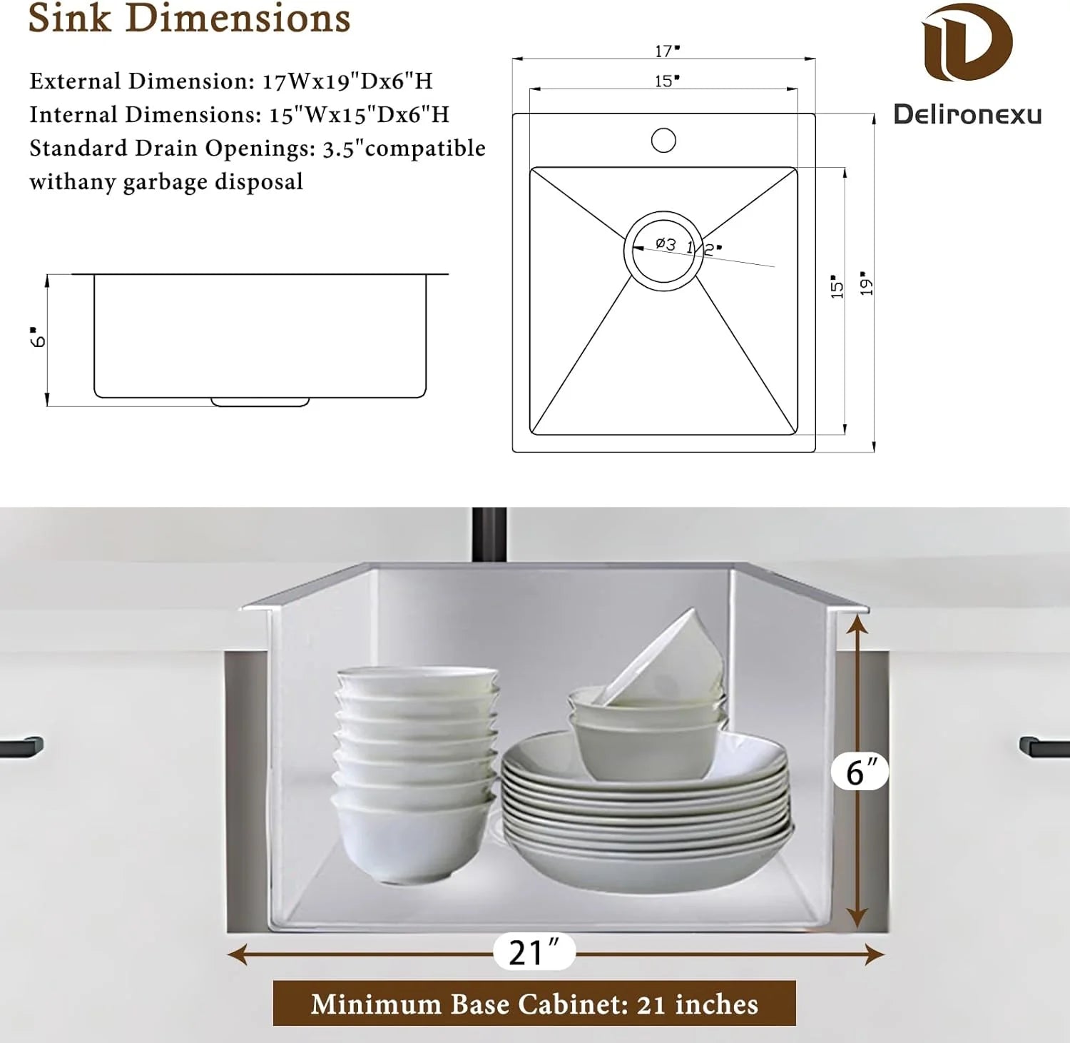 17 in Bar Sink Drop in - Small Kitchen Sink, Modern 18 Gauge Stainless Steel Sink with Brushed Finish, 17"x19"x6" Single Bowl Kitchen Sinks for RV, Prep, and Outdoor Use