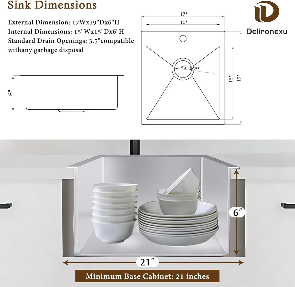 17 in Bar Sink Drop in - Small Kitchen Sink, Modern 18 Gauge Stainless Steel Sink with Brushed Finish, 17"x19"x6" Single Bowl Kitchen Sinks for RV, Prep, and Outdoor Use